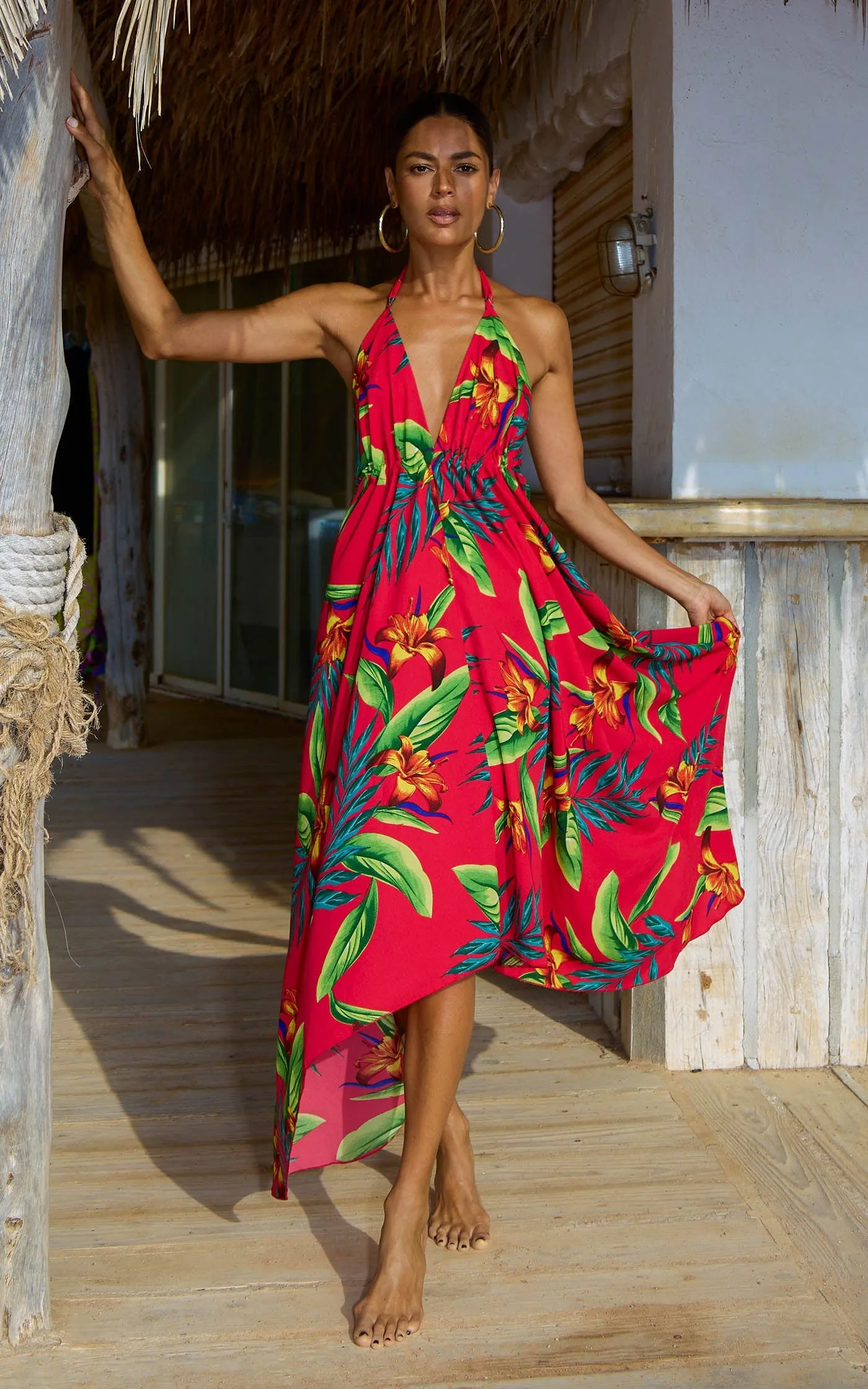 Boho Maxi Dress in Red Tropical