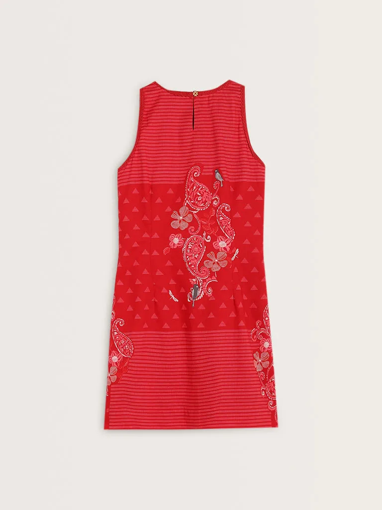 Bombay Paisley Red Paisley Printed A-Line Cotton Dress