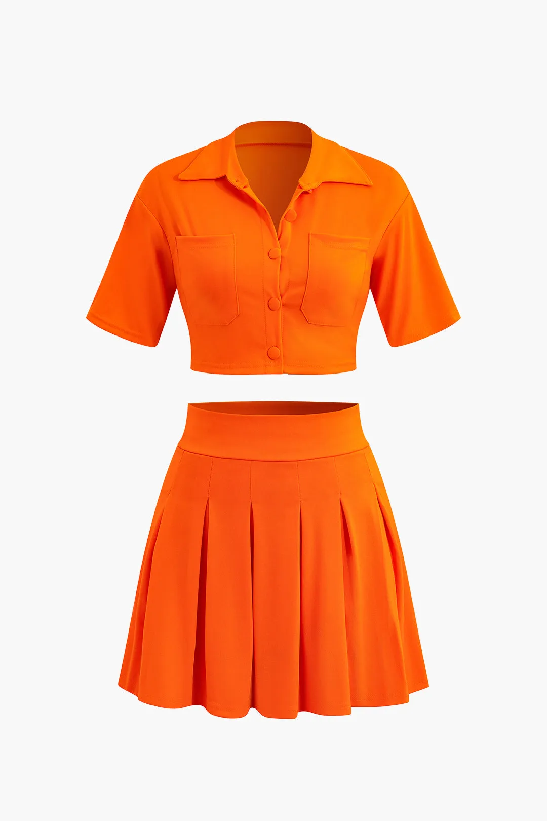 Button Up Crop Top and Pleated Skirt Set