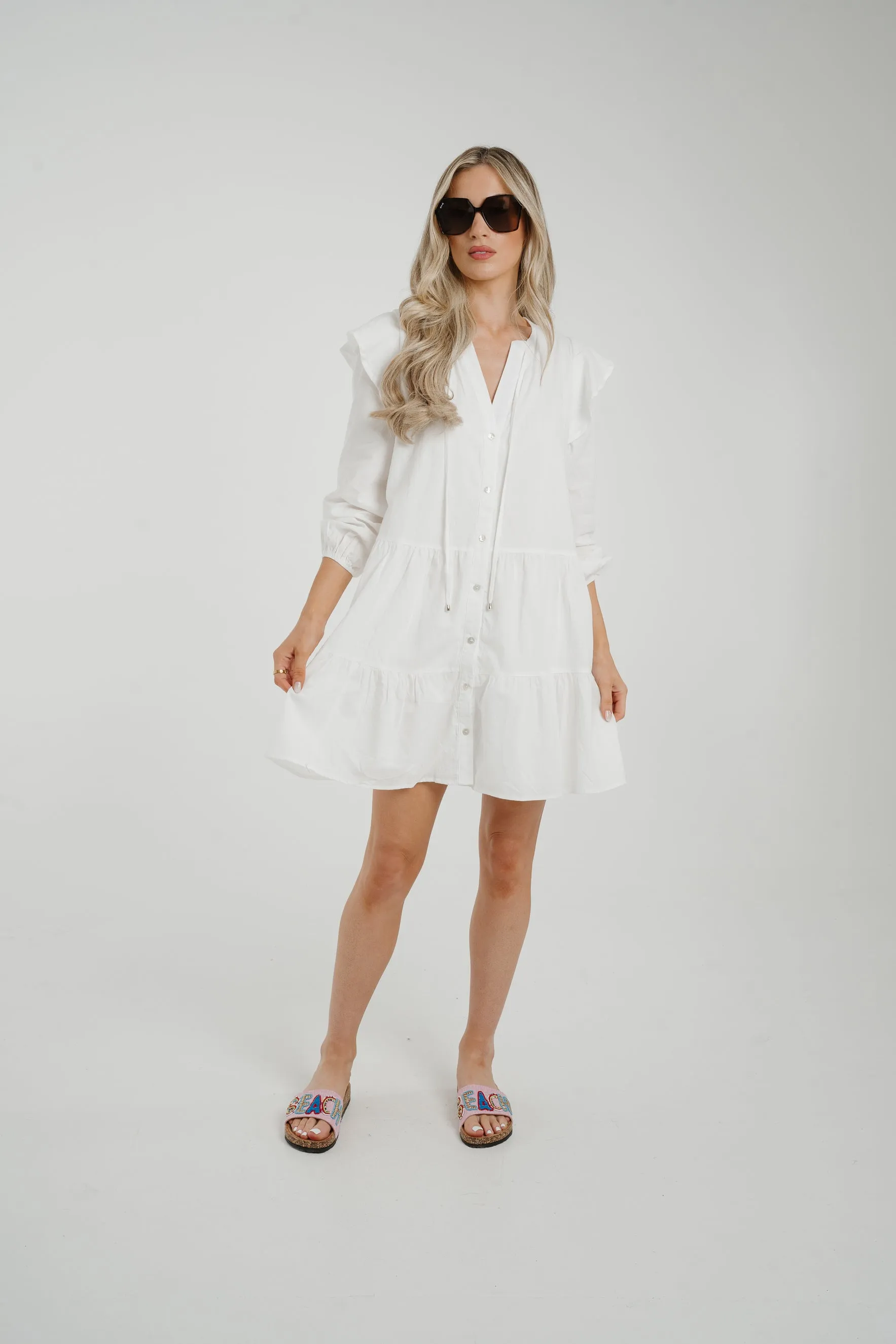 Caitlyn Tiered Shirt Dress In White