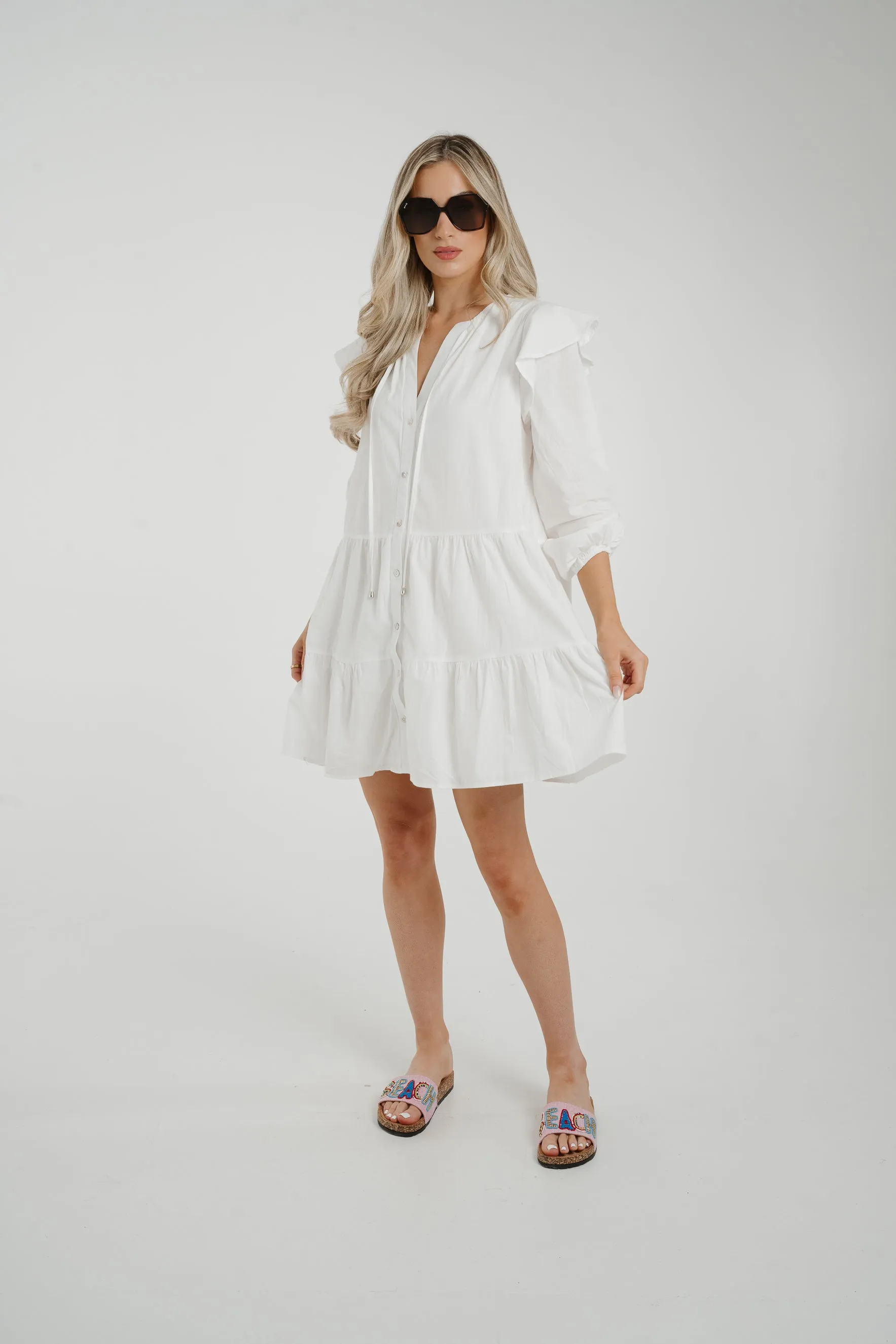 Caitlyn Tiered Shirt Dress In White