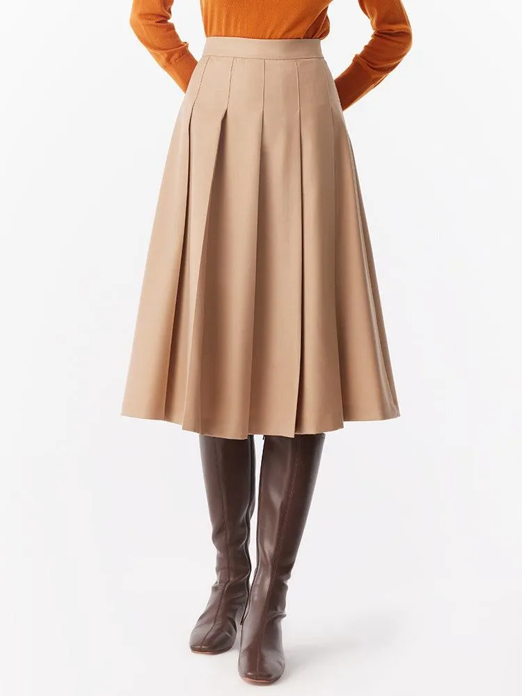 Camel Worsted Woolen Pleated Skirt