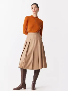 Camel Worsted Woolen Pleated Skirt