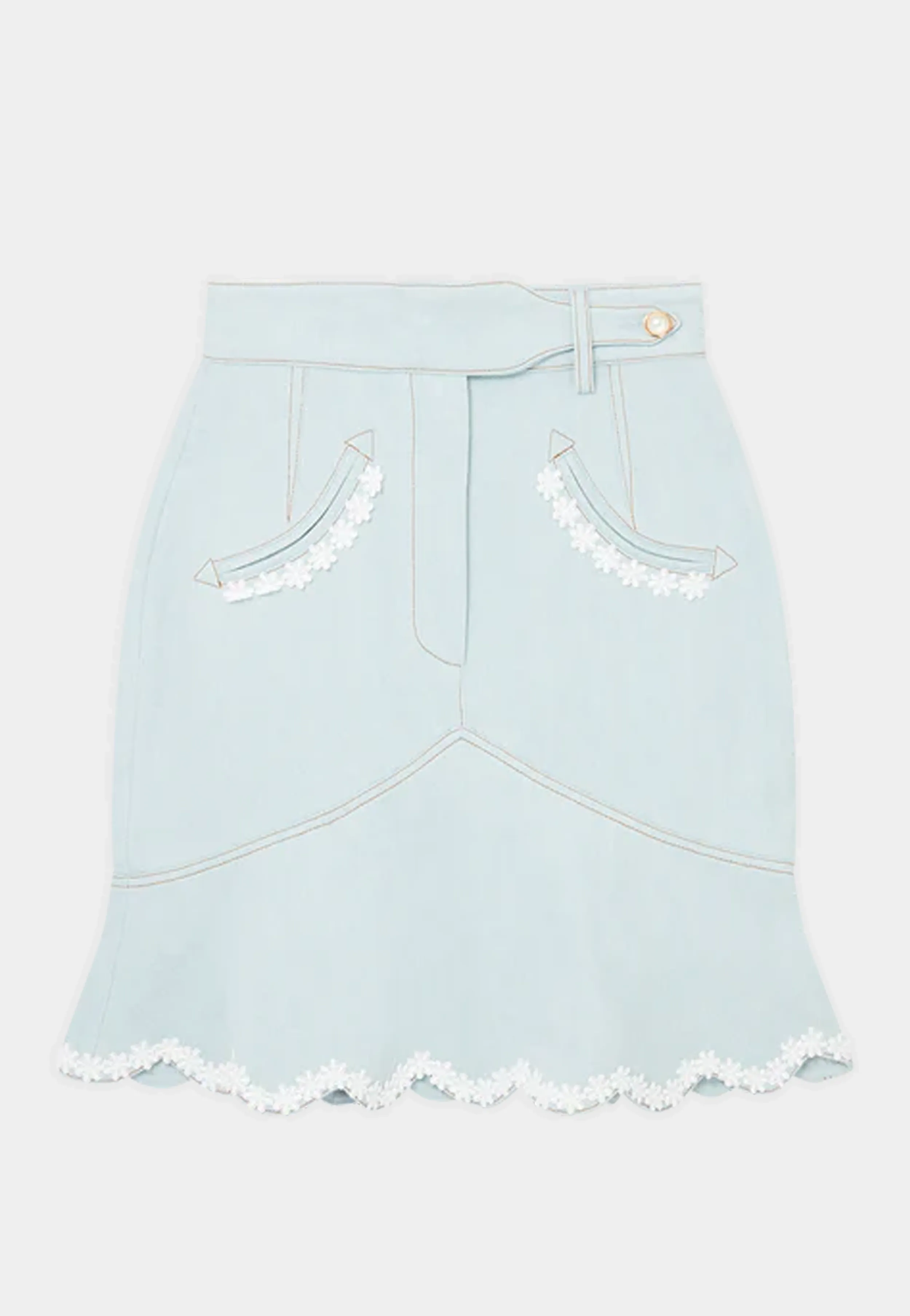 Casablanca Scalloped Hem Mini Denim Skirt Bleached Denim