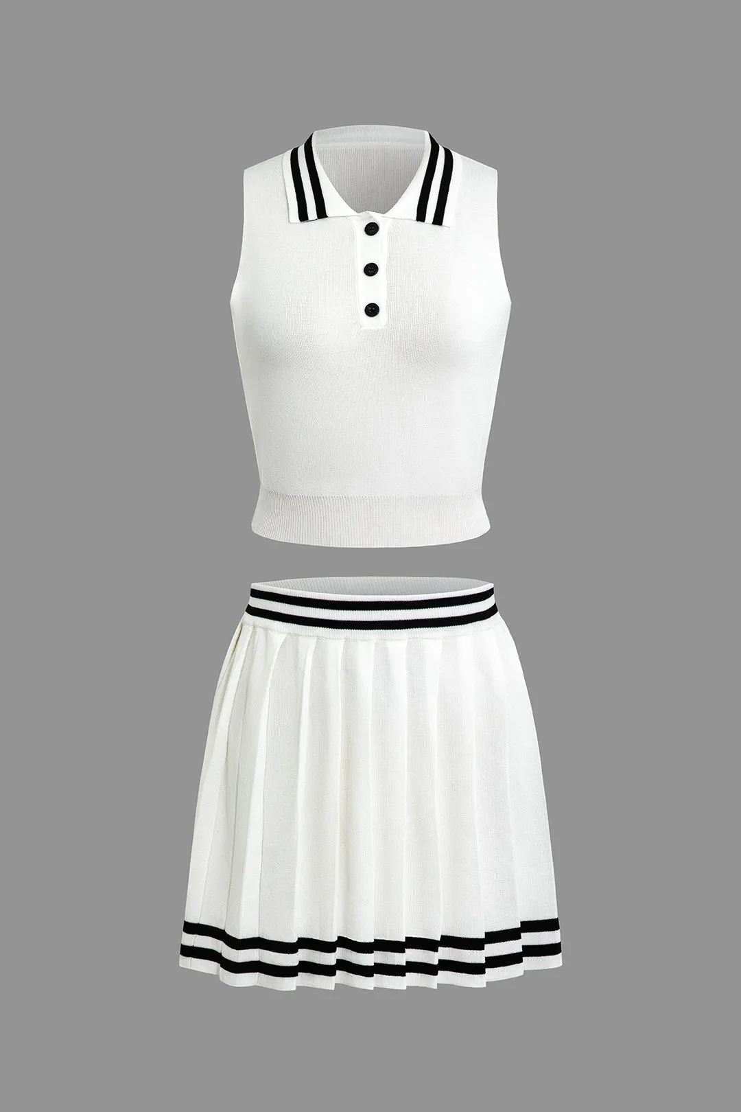 Color Block Polo Tank Top And Pleated Mini Skirt Set