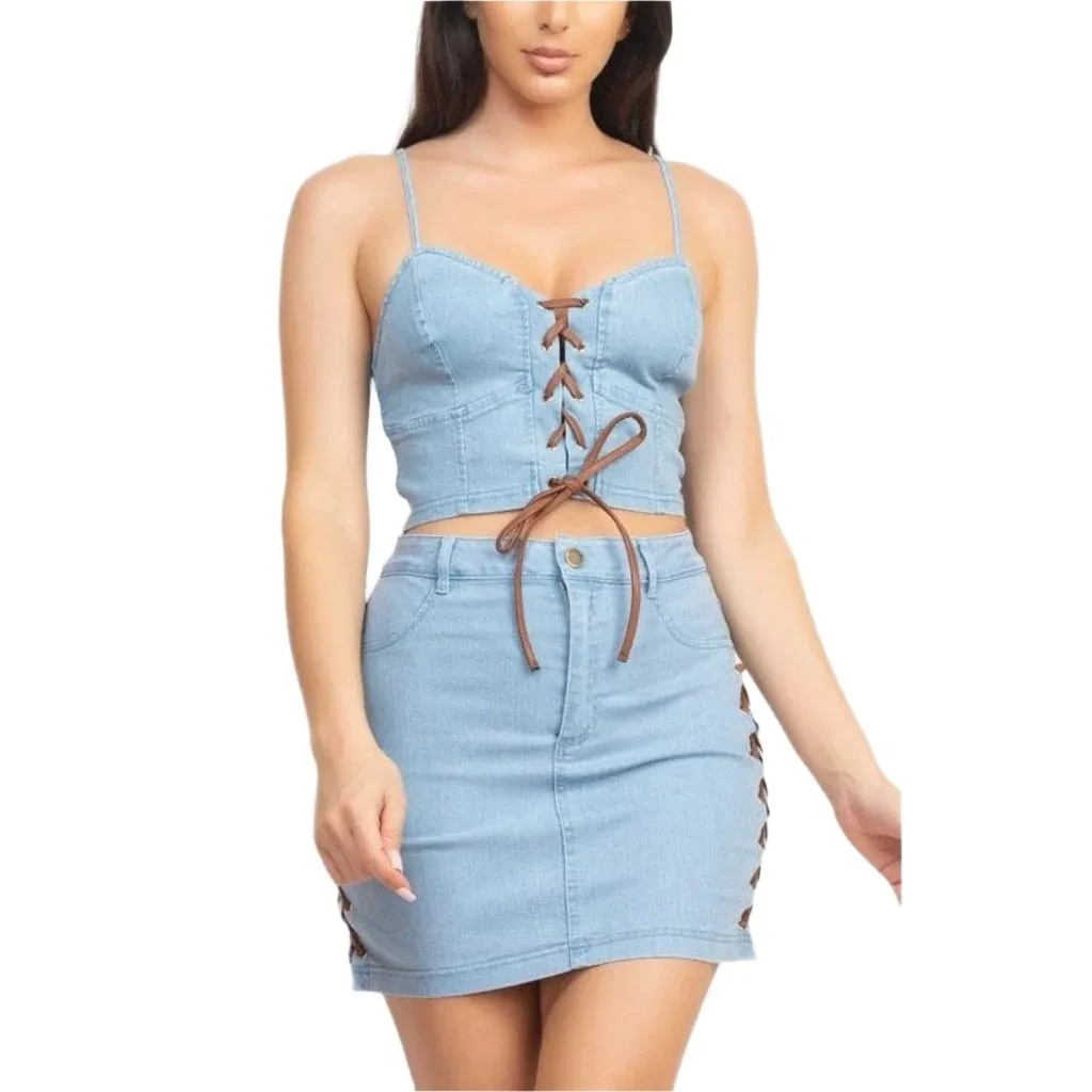 Corset & Split Denim Mini Skirt Set