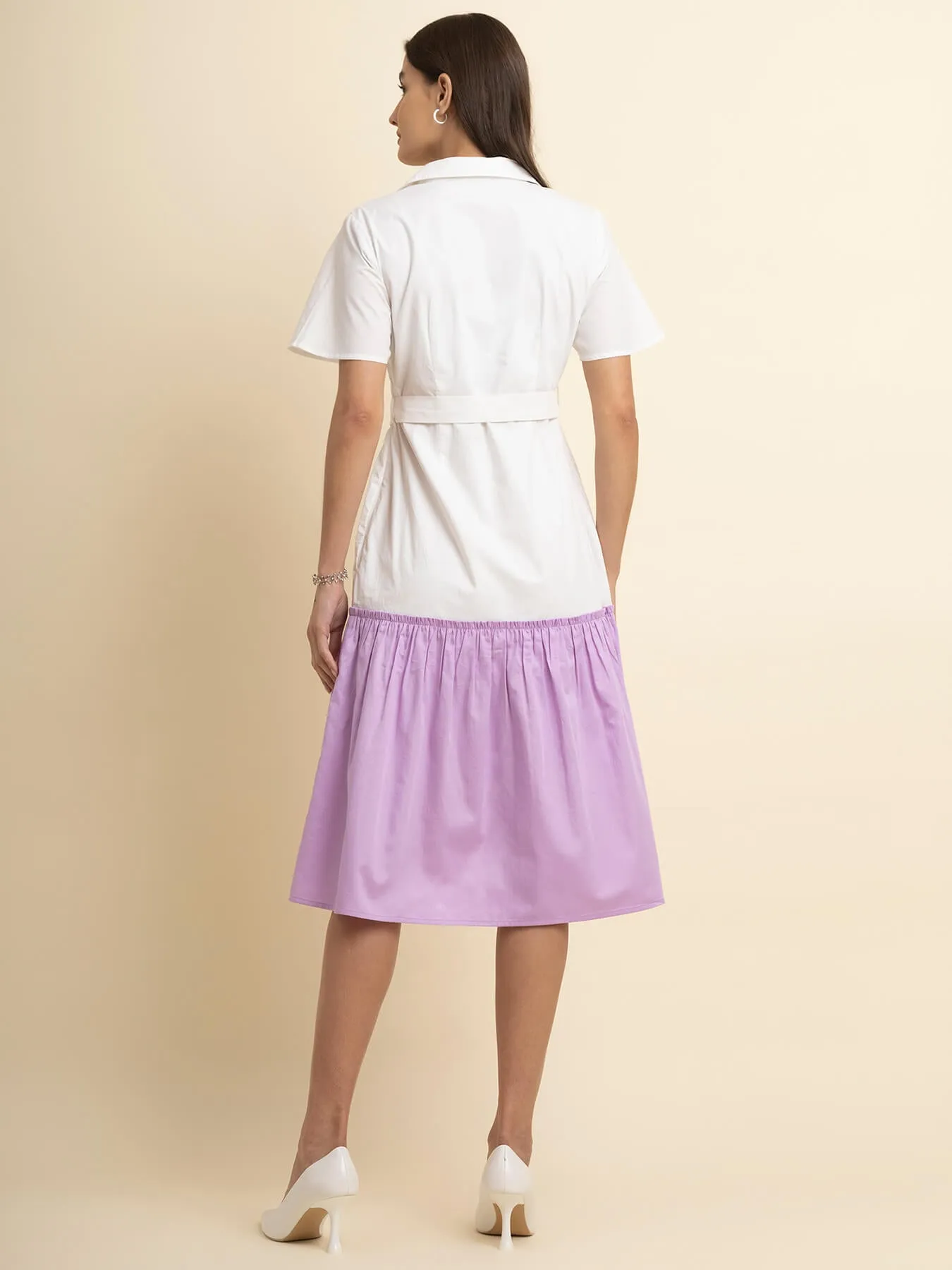 Cotton Colour Block Dress - White And Lilac