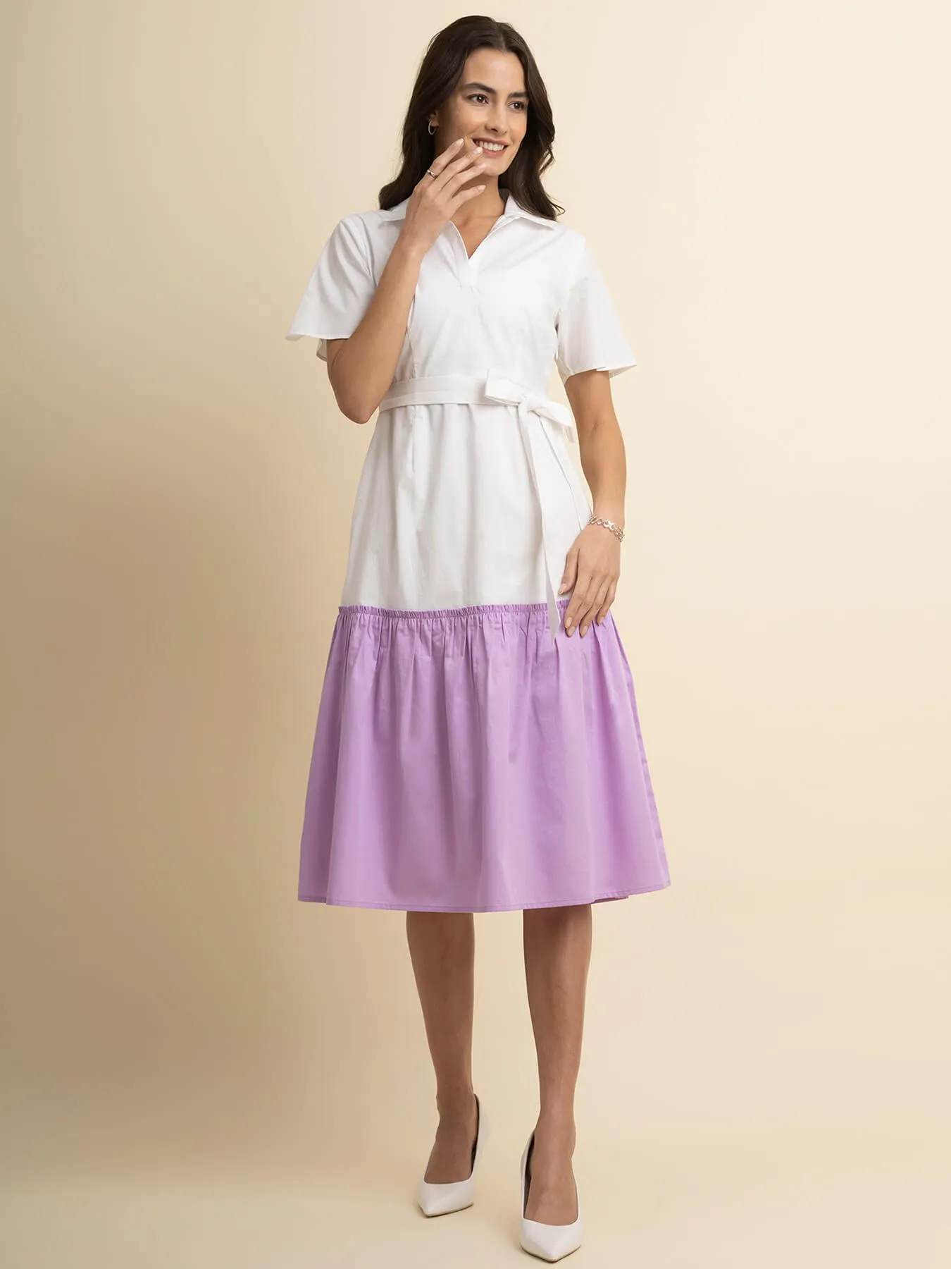 Cotton Colour Block Dress - White And Lilac