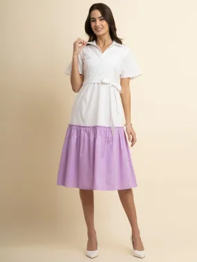 Cotton Colour Block Dress - White And Lilac