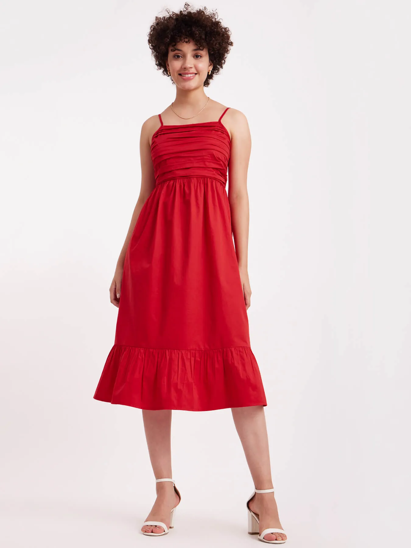 Cotton Pleat Detail Dress - Red