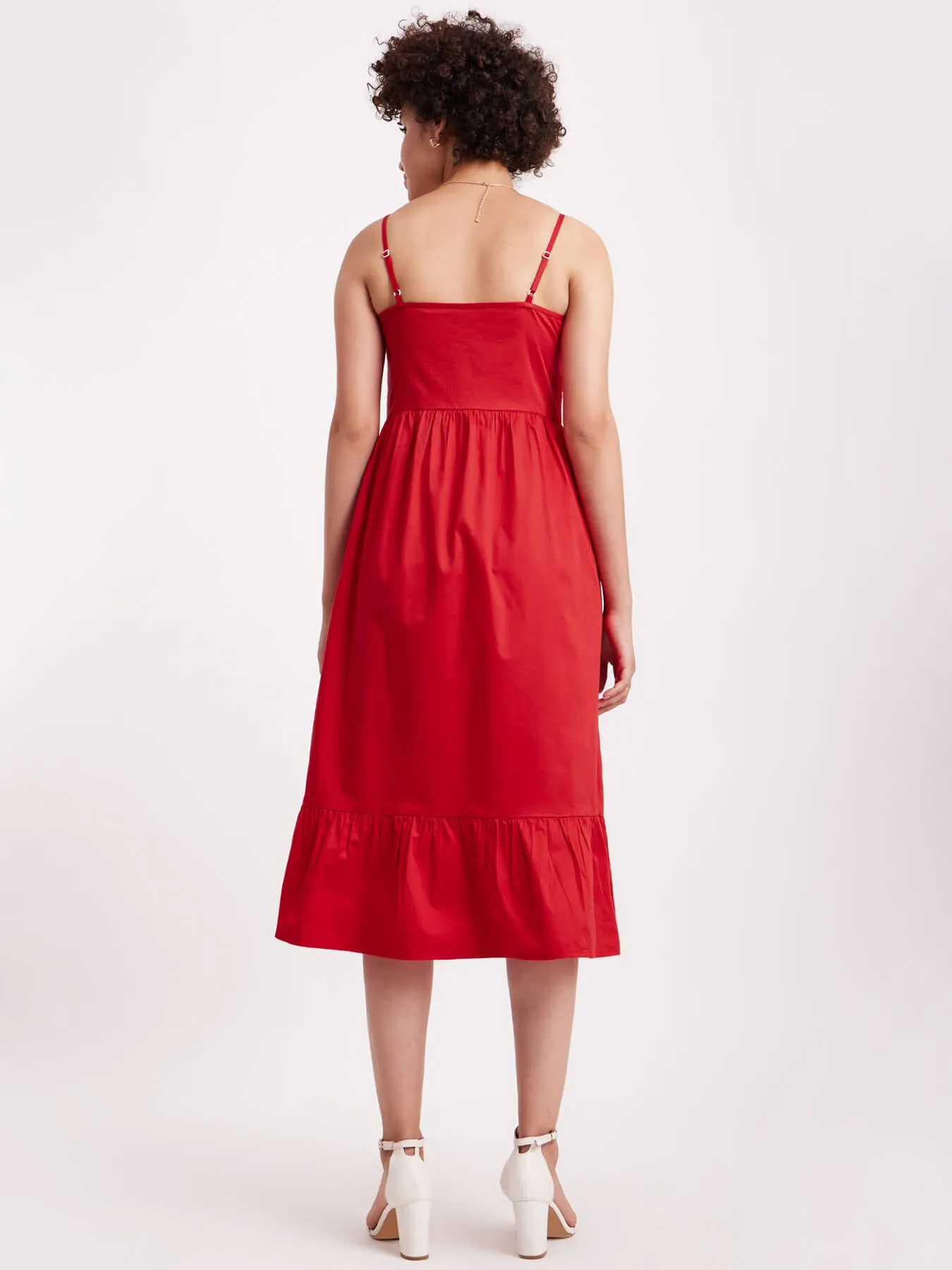 Cotton Pleat Detail Dress - Red