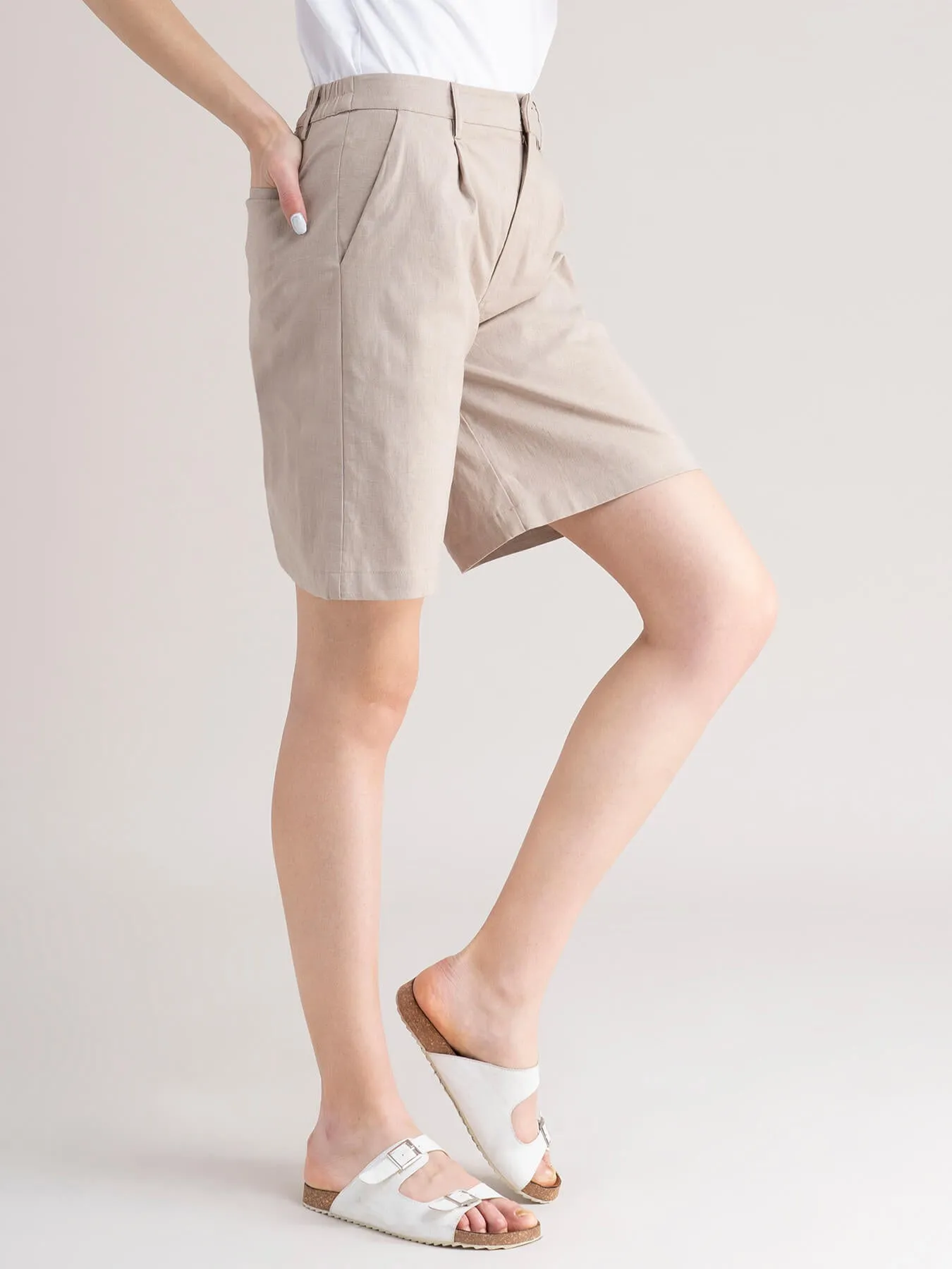 Cotton Pleated Shorts- Beige