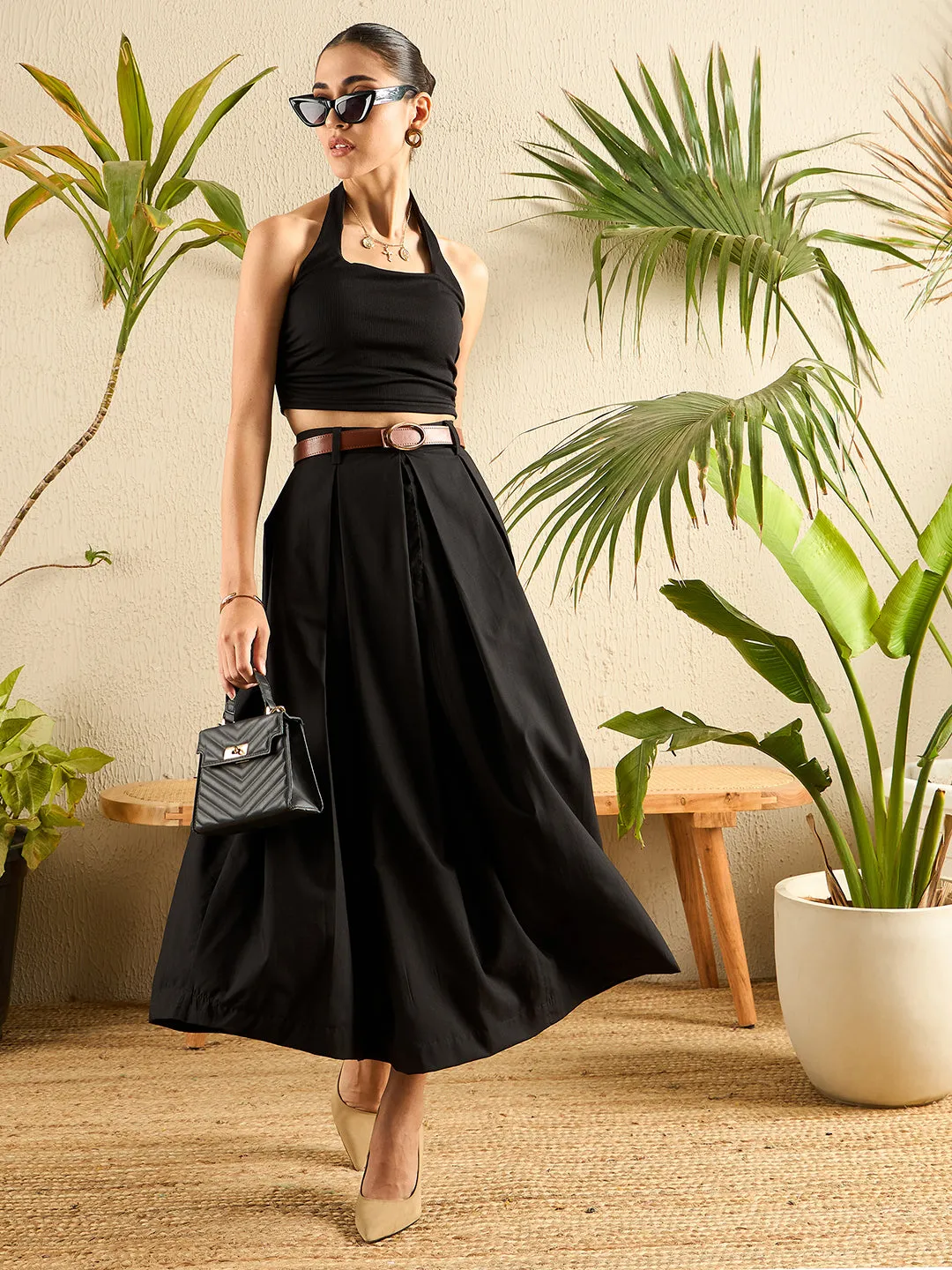 Cotton Poplin Box Pleated Midi Skirt