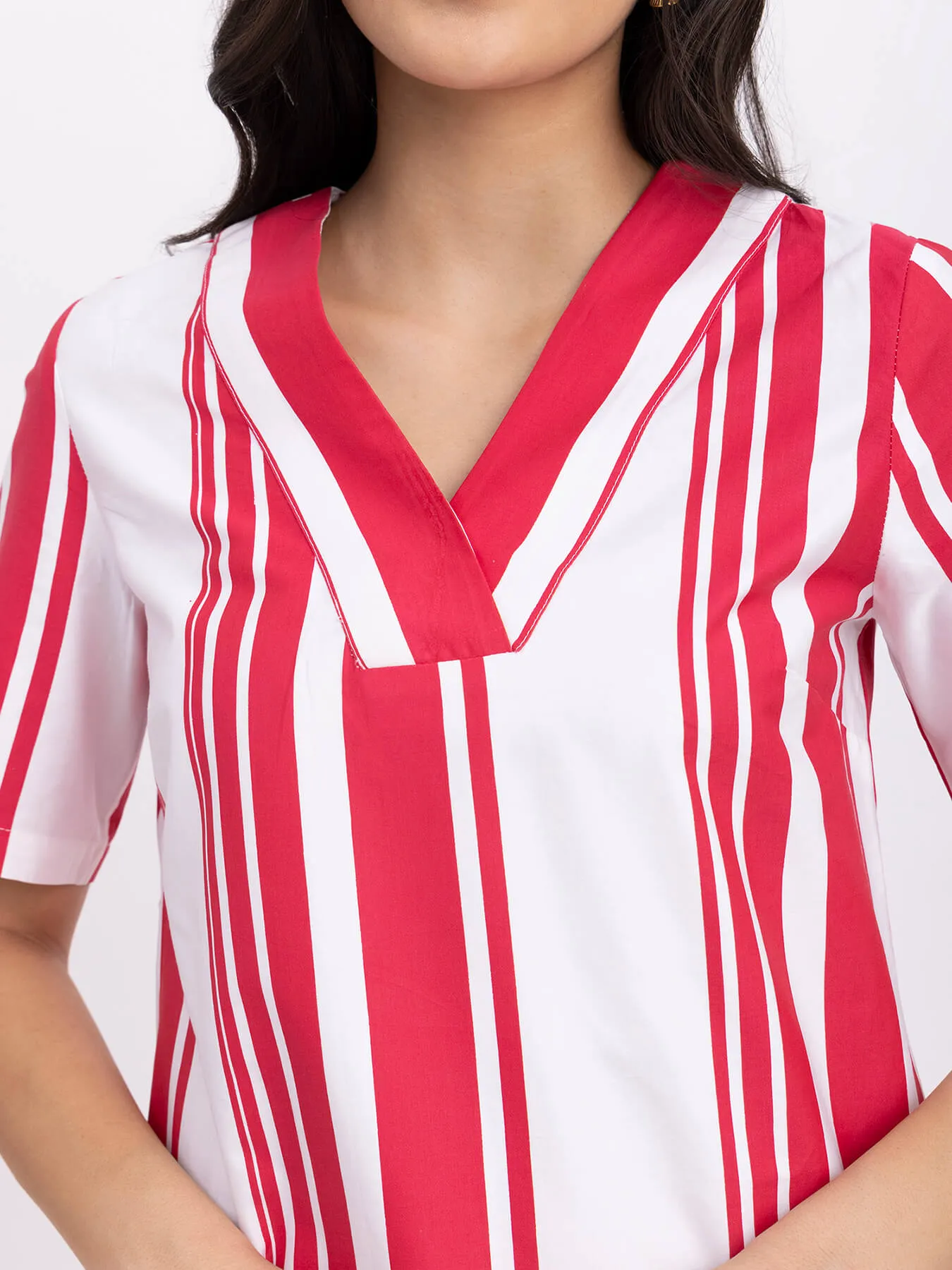 Cotton Striped Dress - Red And White