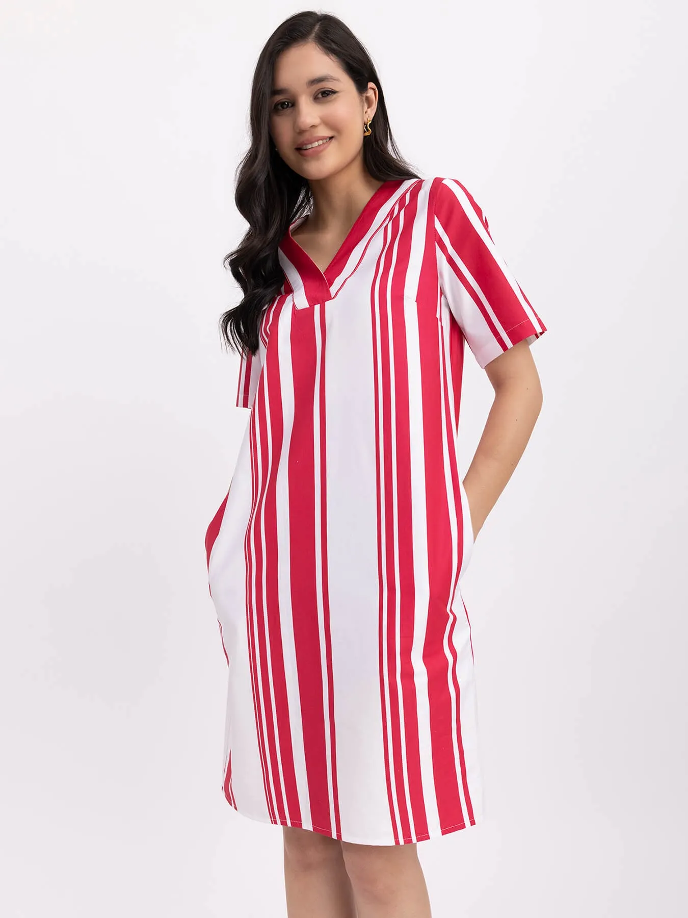 Cotton Striped Dress - Red And White