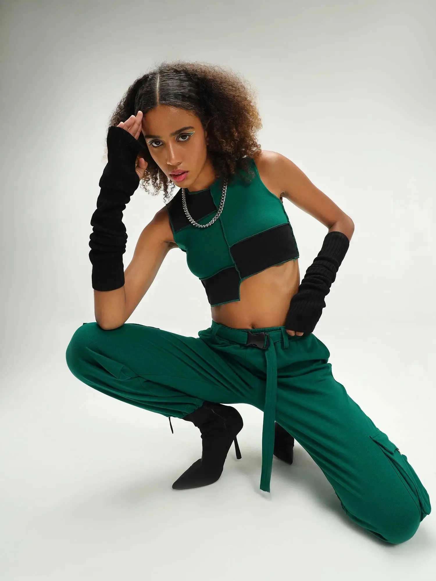 Cyprus Dark Green Patchwork Crop Top