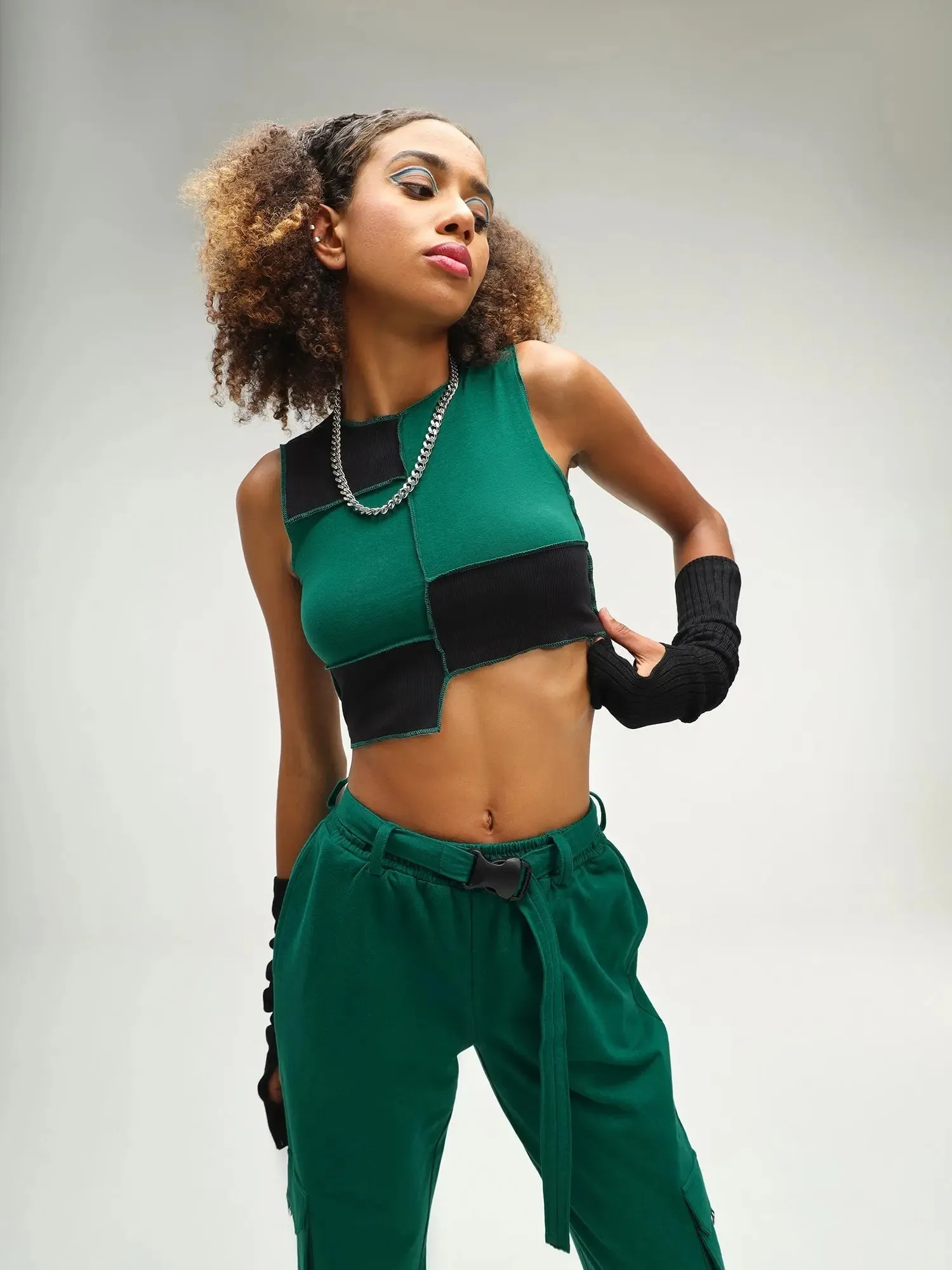 Cyprus Dark Green Patchwork Crop Top