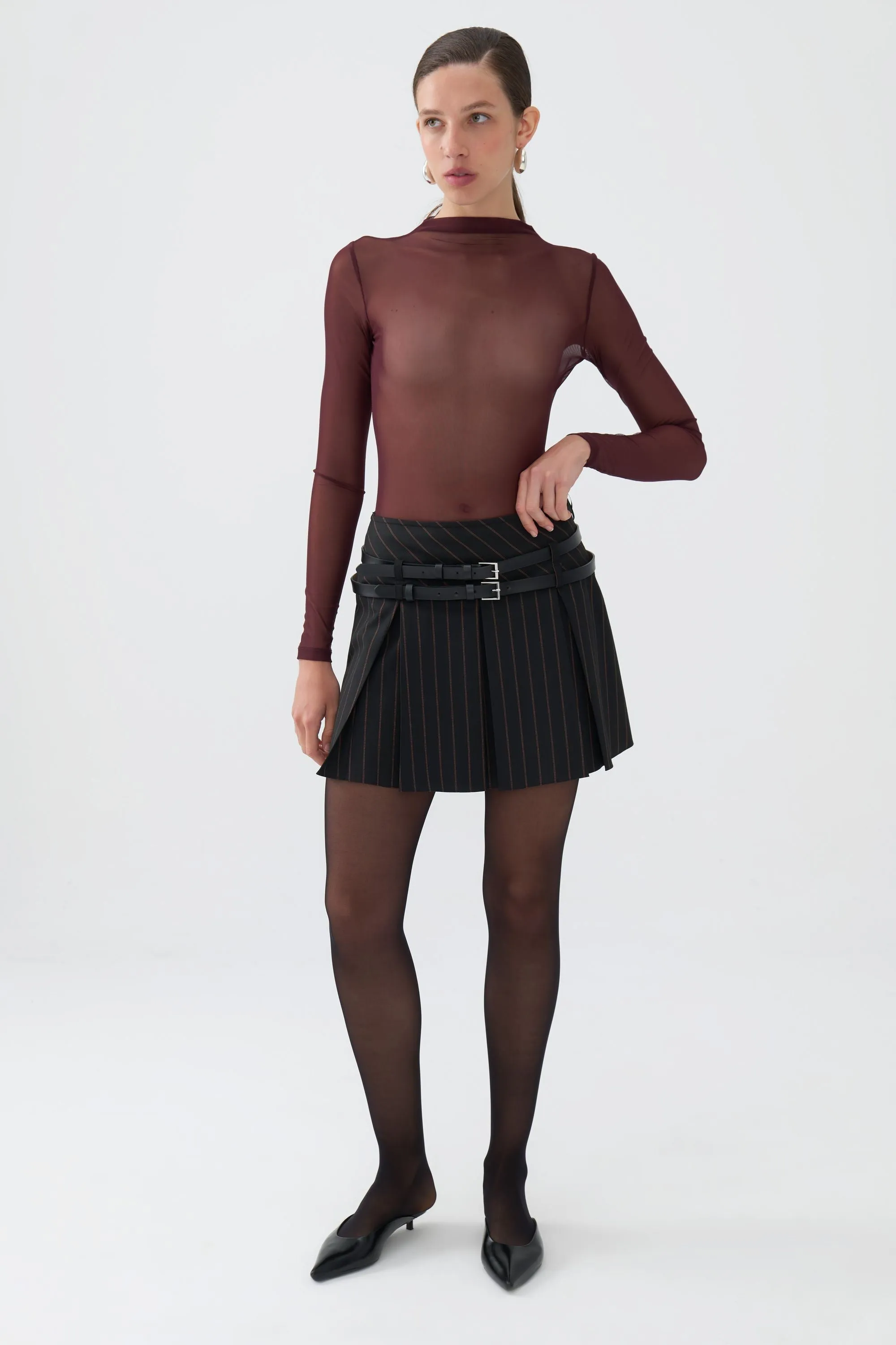 Double Belted Pleated Mini Skirt