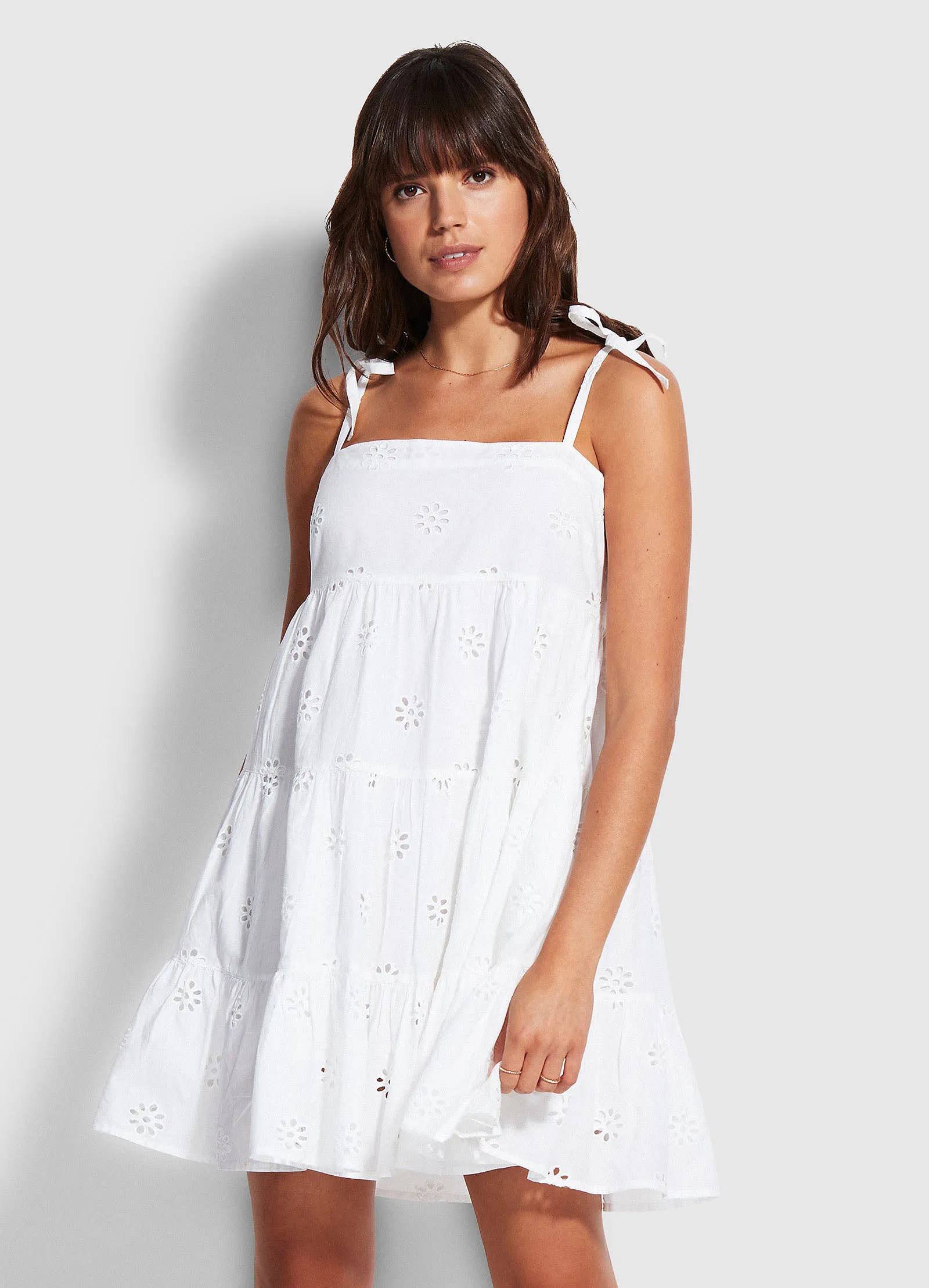 Embroidery Tier Dress  - White