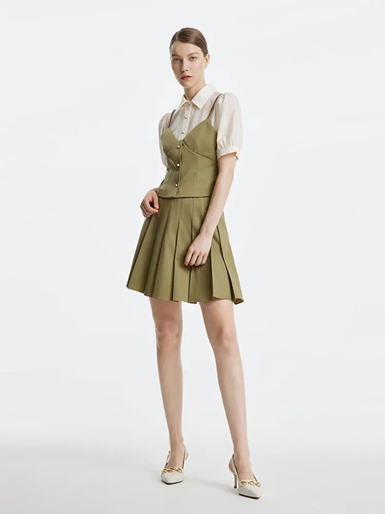 Fake Two-Piece Blouse And Pleated Half Skirt Two-Piece Set