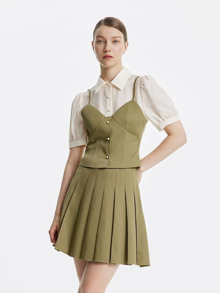 Fake Two-Piece Blouse And Pleated Half Skirt Two-Piece Set