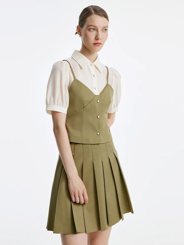 Fake Two-Piece Blouse And Pleated Half Skirt Two-Piece Set