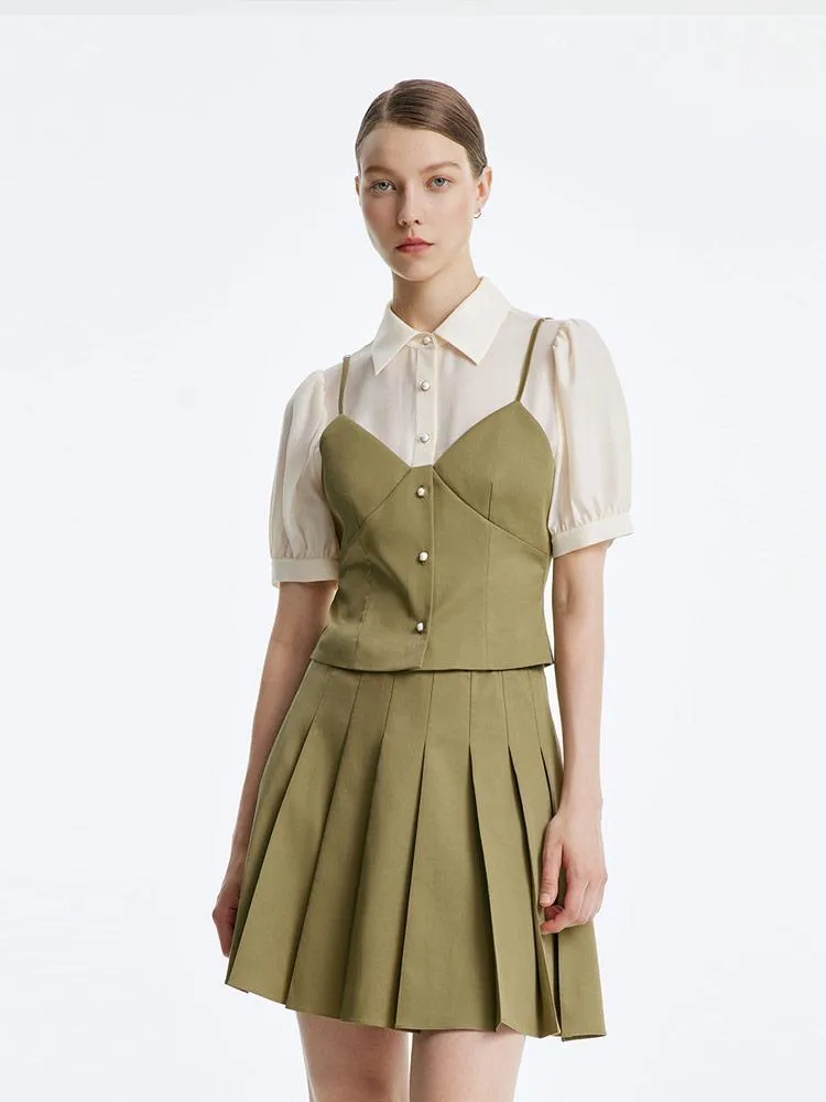 Fake Two-Piece Blouse And Pleated Half Skirt Two-Piece Set