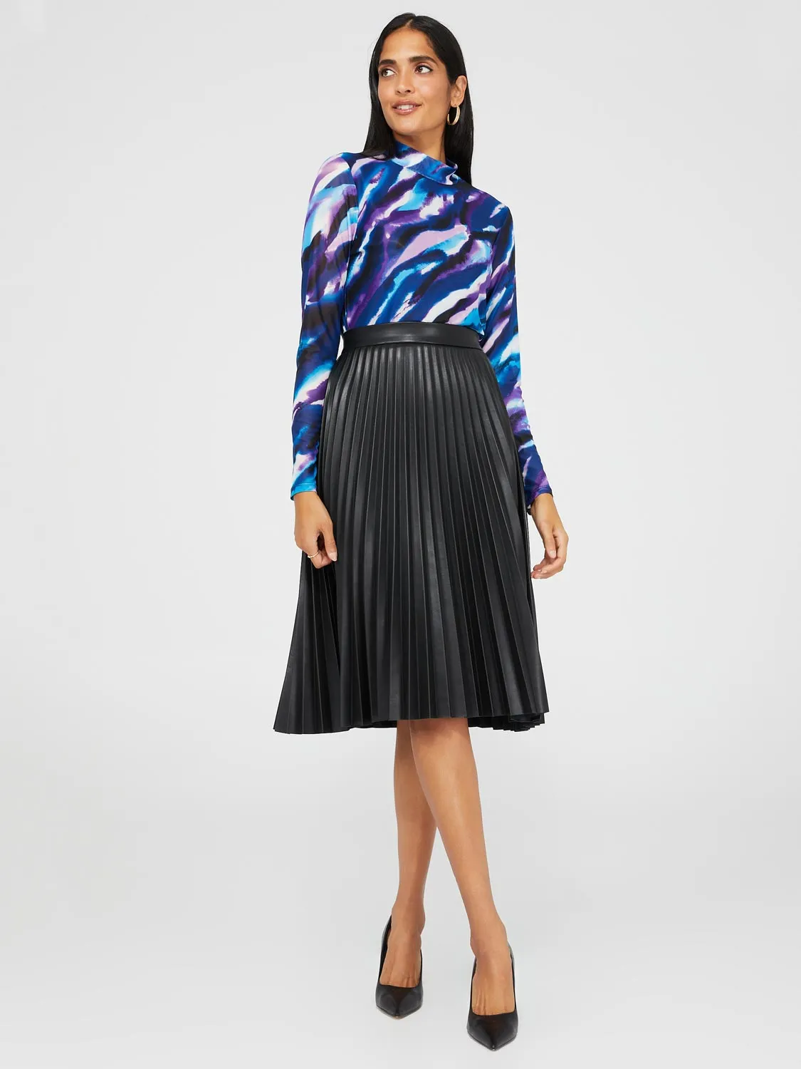 Faux Leather Pleated Midi Skirt