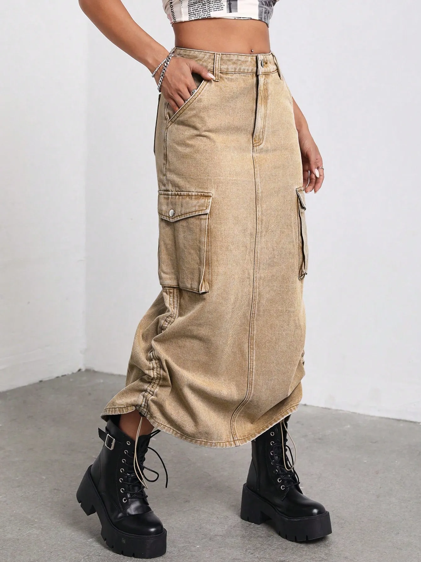 Flap Pocket Drawstring Ruched Side Denim Skirt