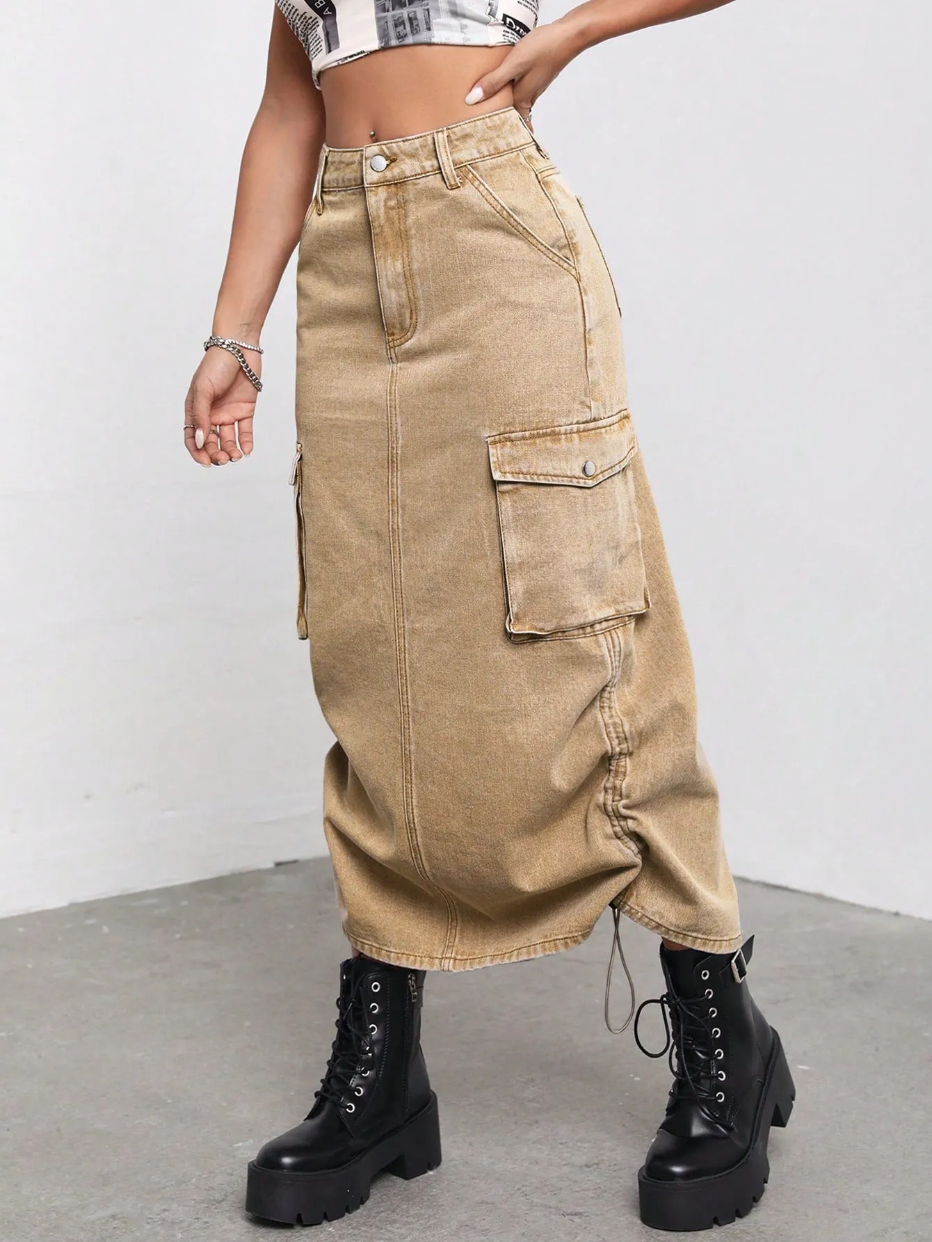 Flap Pocket Drawstring Ruched Side Denim Skirt