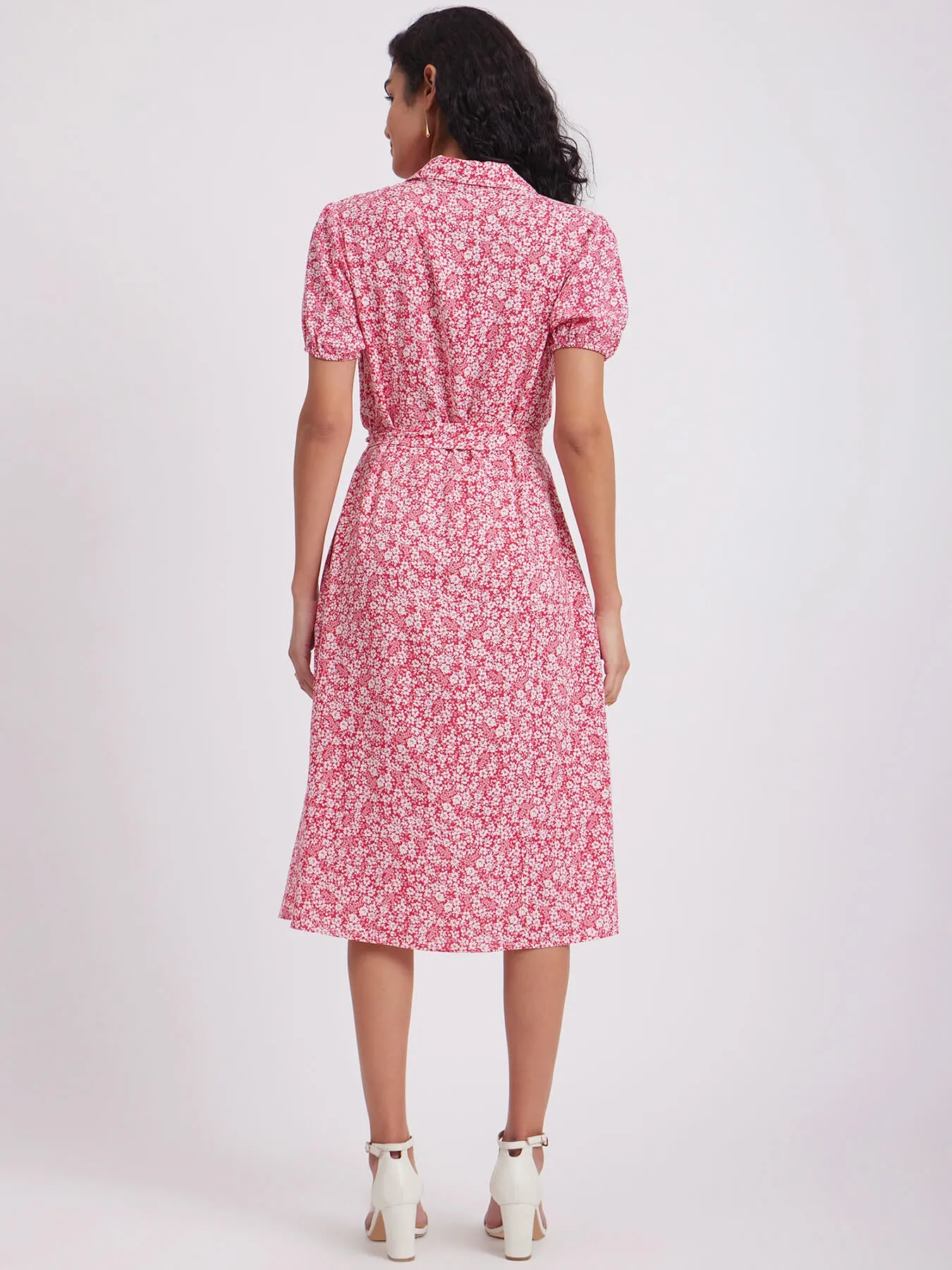 Floral Print Collared Dress - Red And White