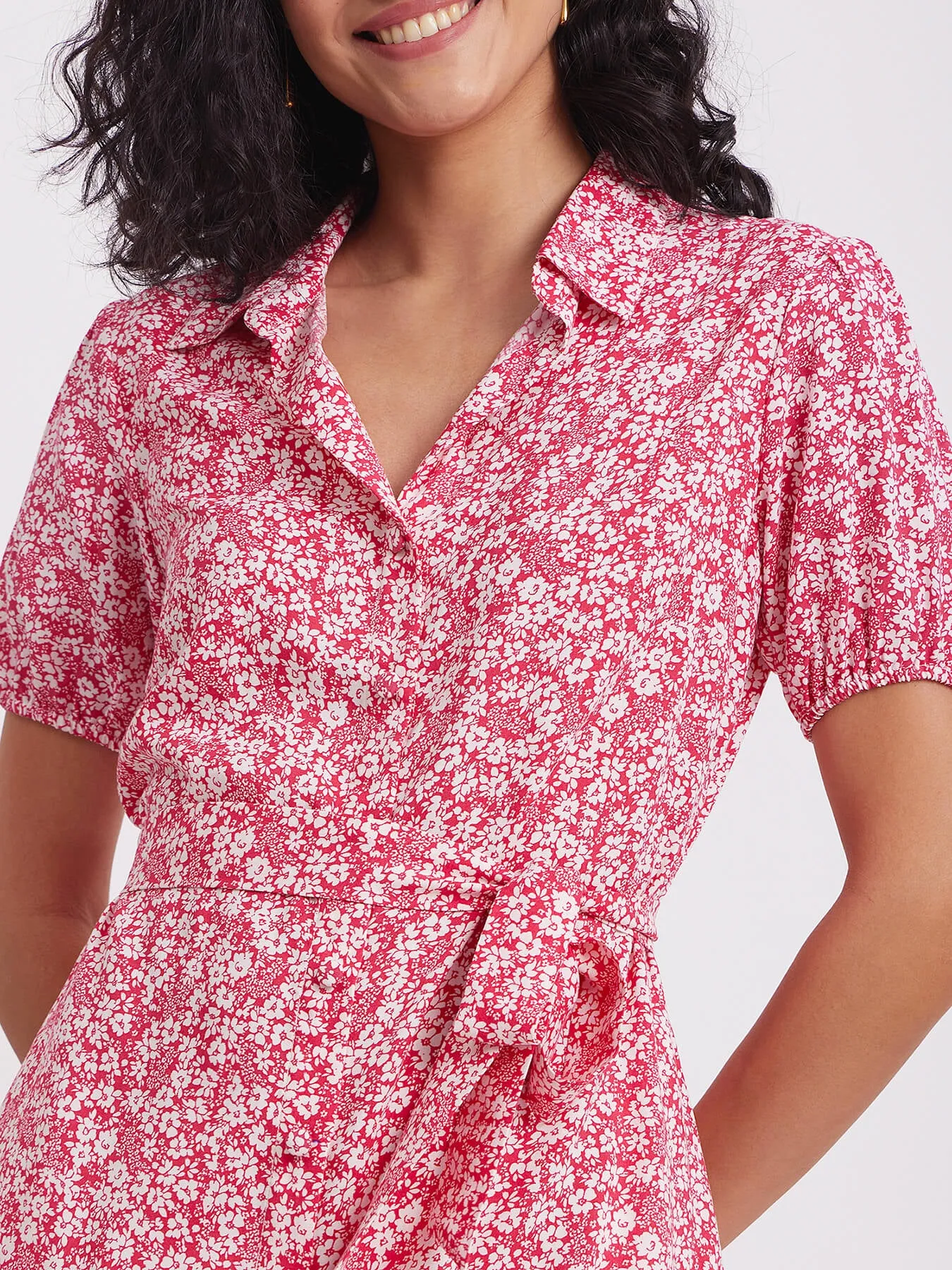 Floral Print Collared Dress - Red And White