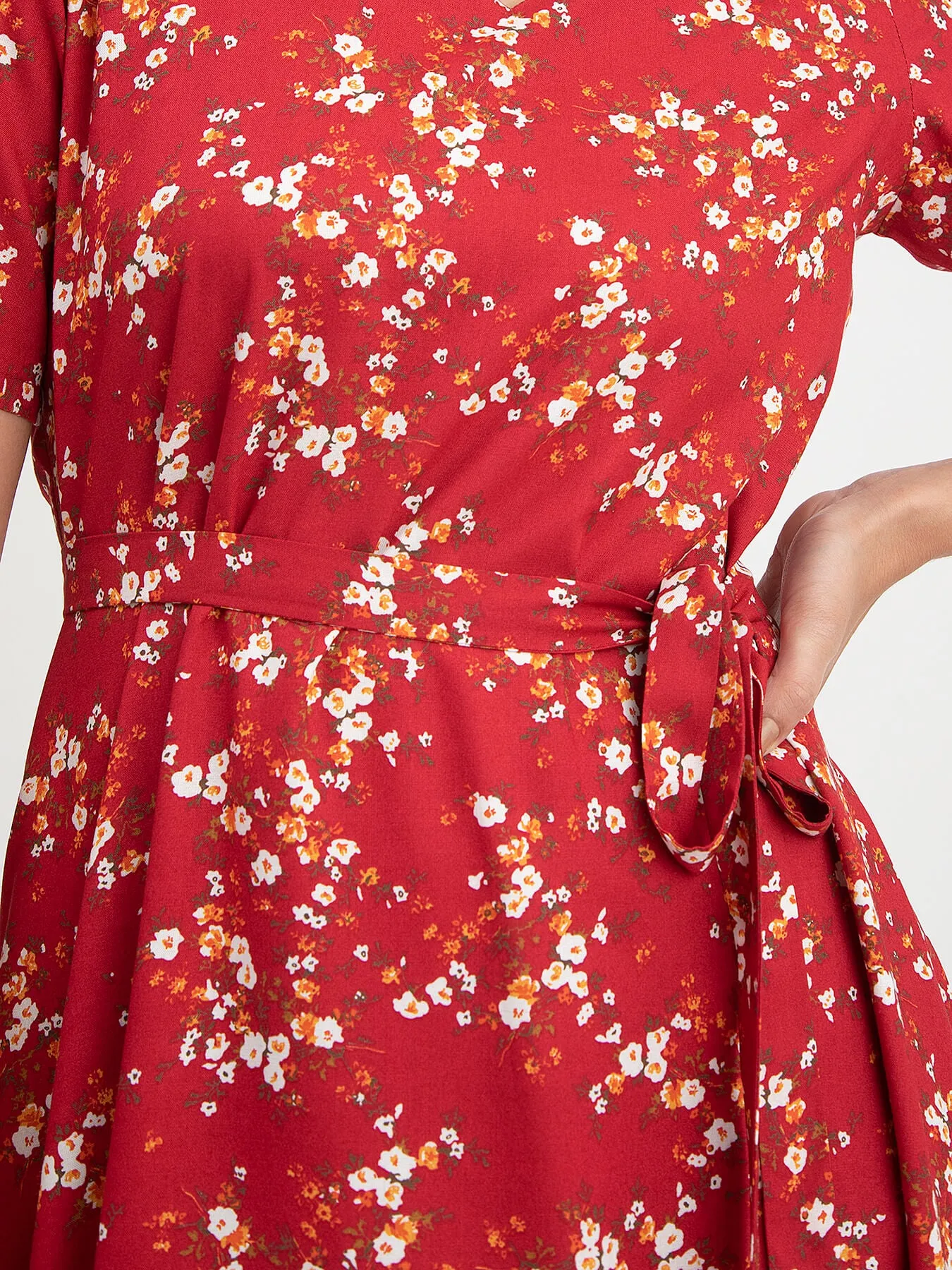 Floral Print Flared Dress - Red