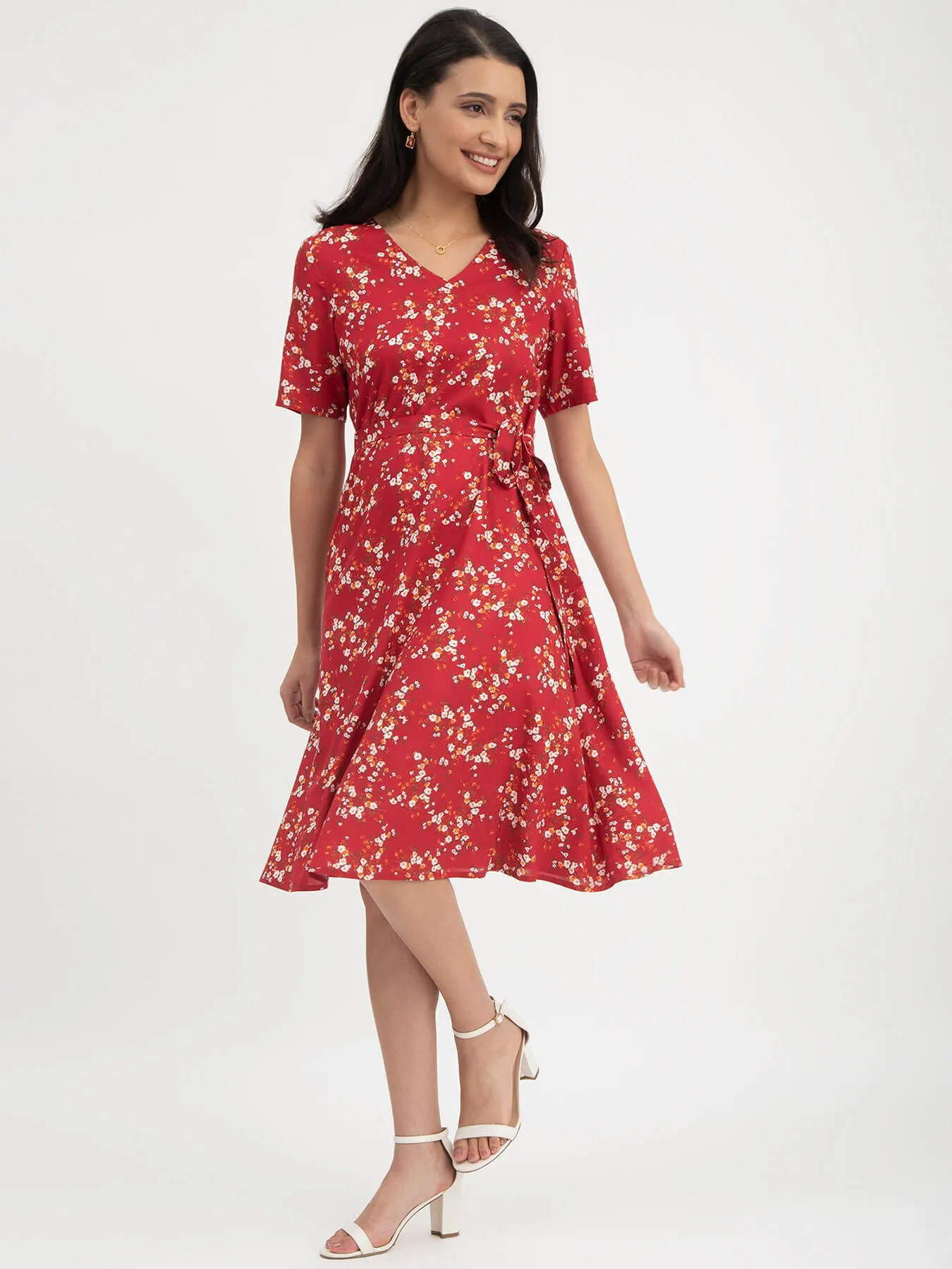 Floral Print Flared Dress - Red