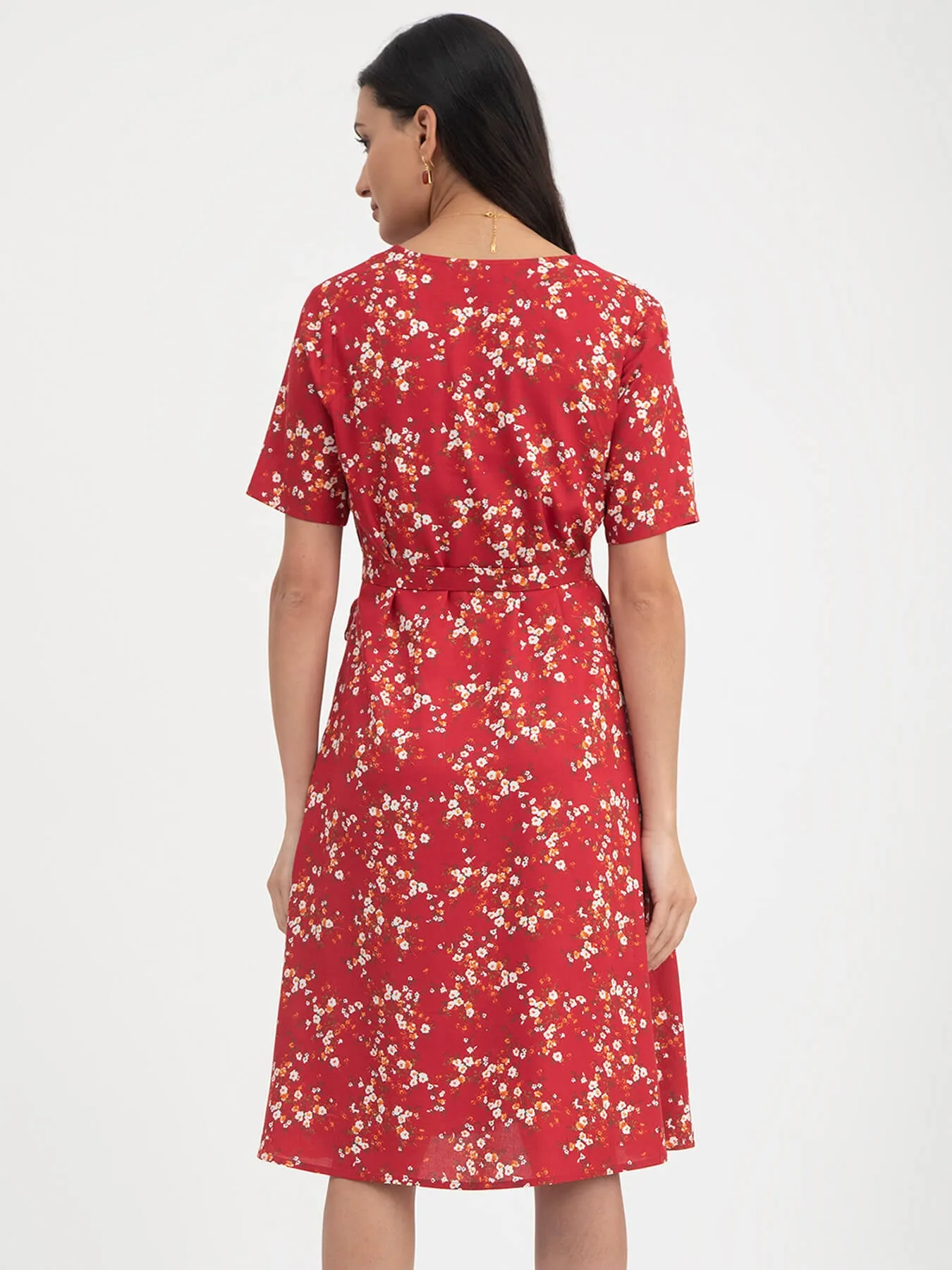 Floral Print Flared Dress - Red