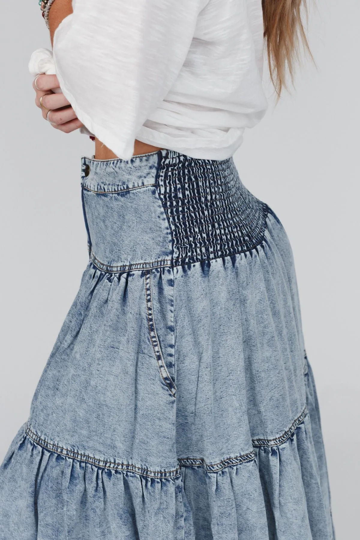 Gemma Tiered Denim Maxi Skirt - Blue