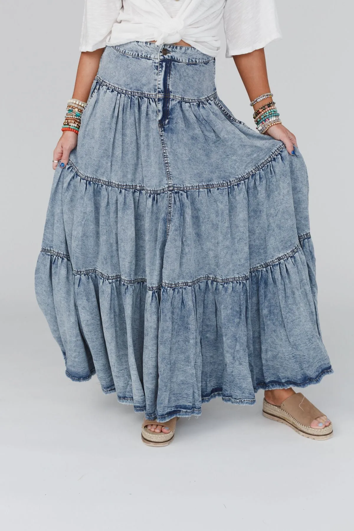 Gemma Tiered Denim Maxi Skirt - Blue