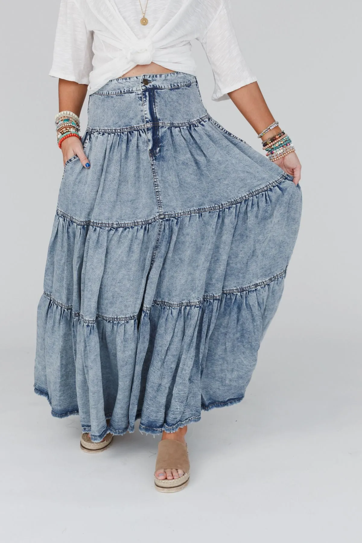 Gemma Tiered Denim Maxi Skirt - Blue