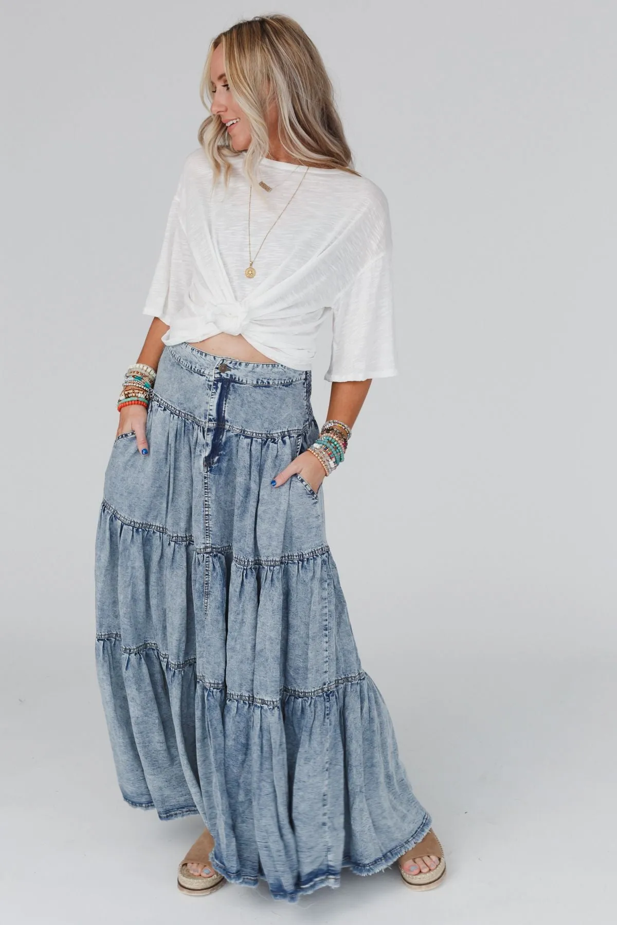 Gemma Tiered Denim Maxi Skirt - Blue