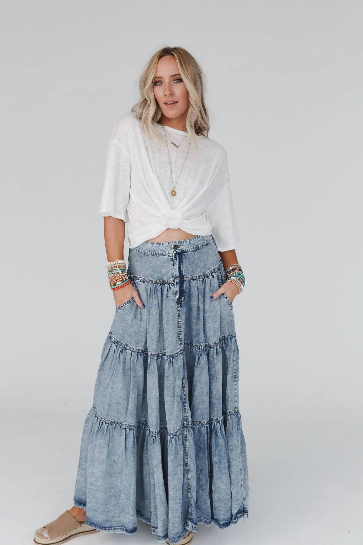 Gemma Tiered Denim Maxi Skirt - Blue