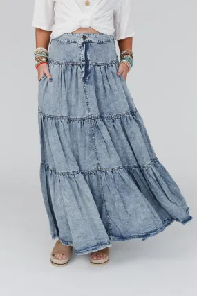 Gemma Tiered Denim Maxi Skirt - Blue