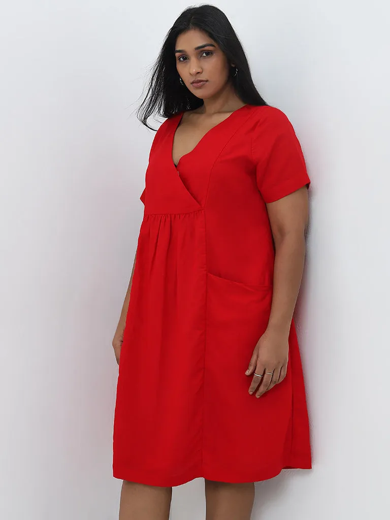 Gia Red Gathered A-Line Cotton Dress