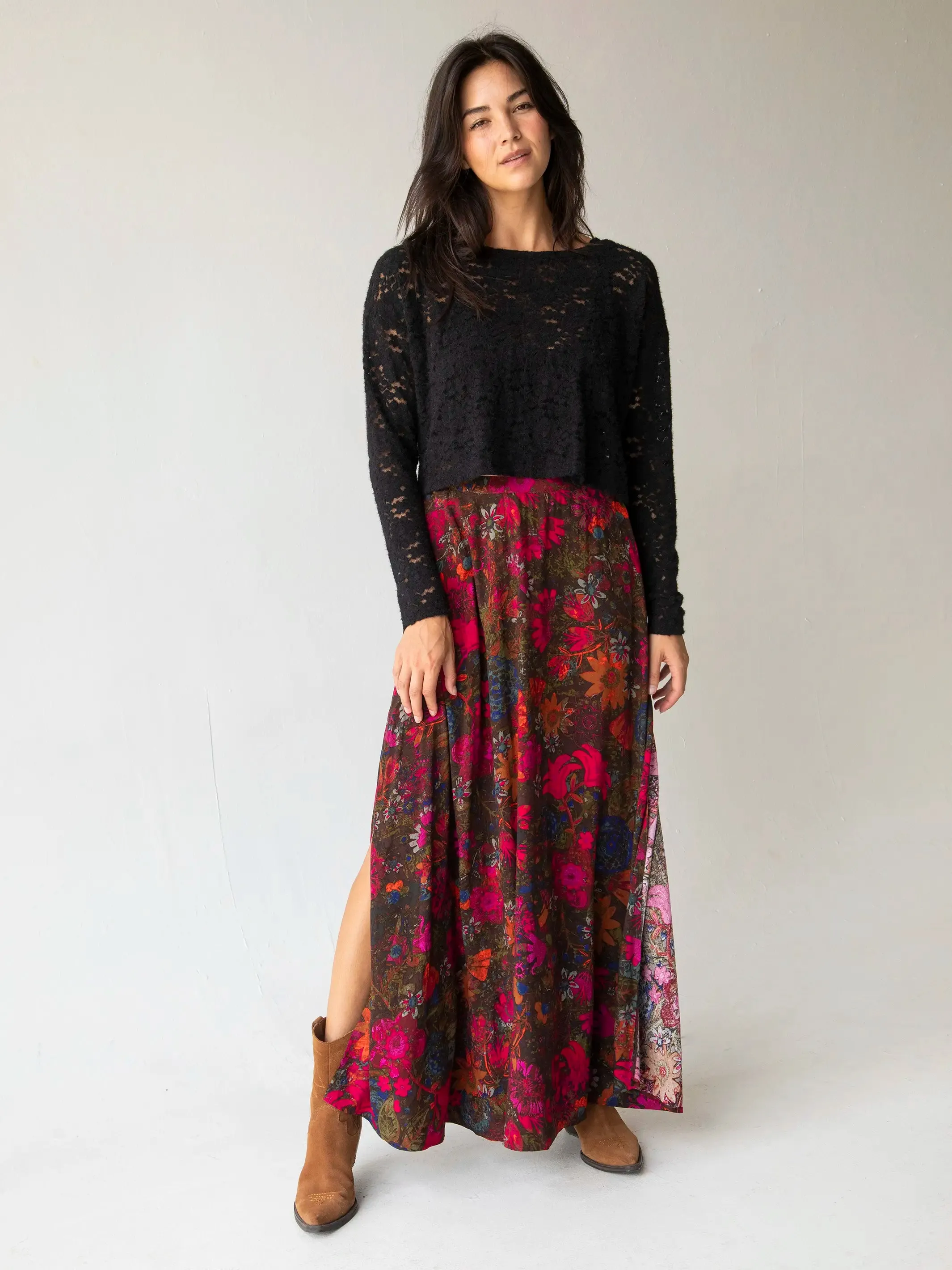 Ginger Side-Slit Maxi Skirt - Indigo Pink Orange