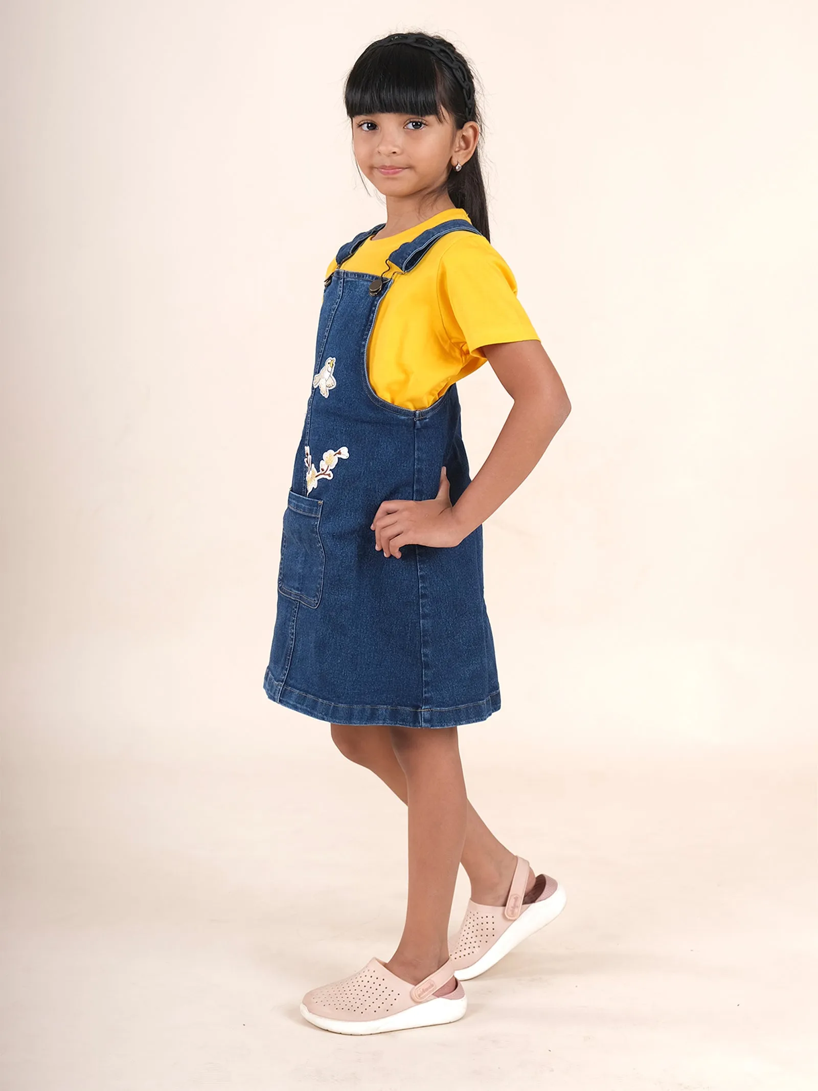 Girls Denim Dungaree Skirt With Bird Applique