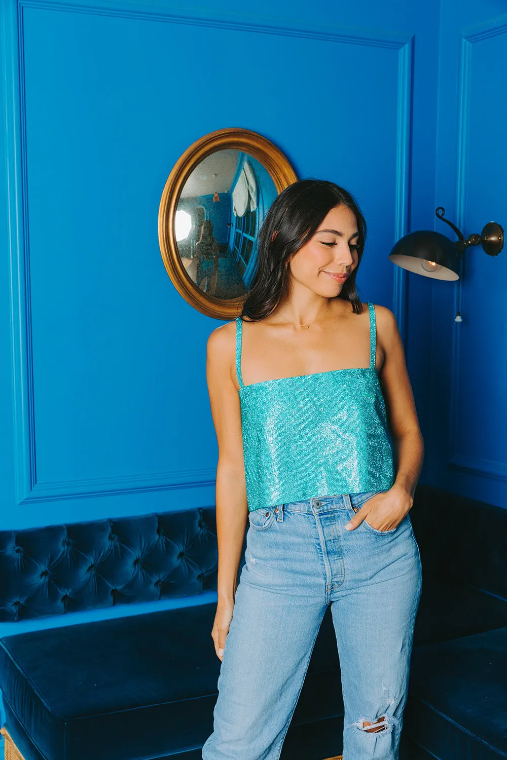 Girly Girl Rhinestone Crop Top - Turquoise