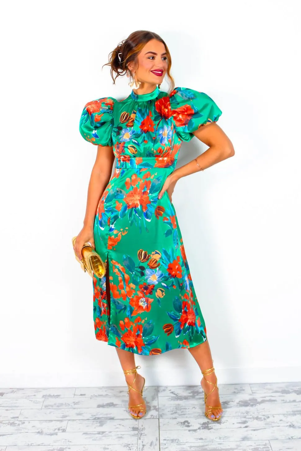 Got The Flower - Green Red Floral Midi Dress