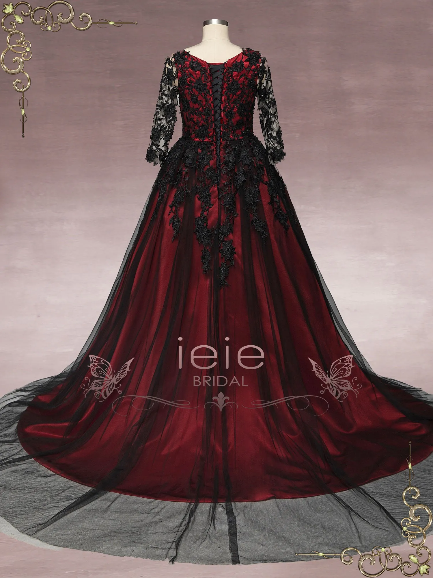 Gothic Black Lace Wedding Dress with Red Lining BLAIR