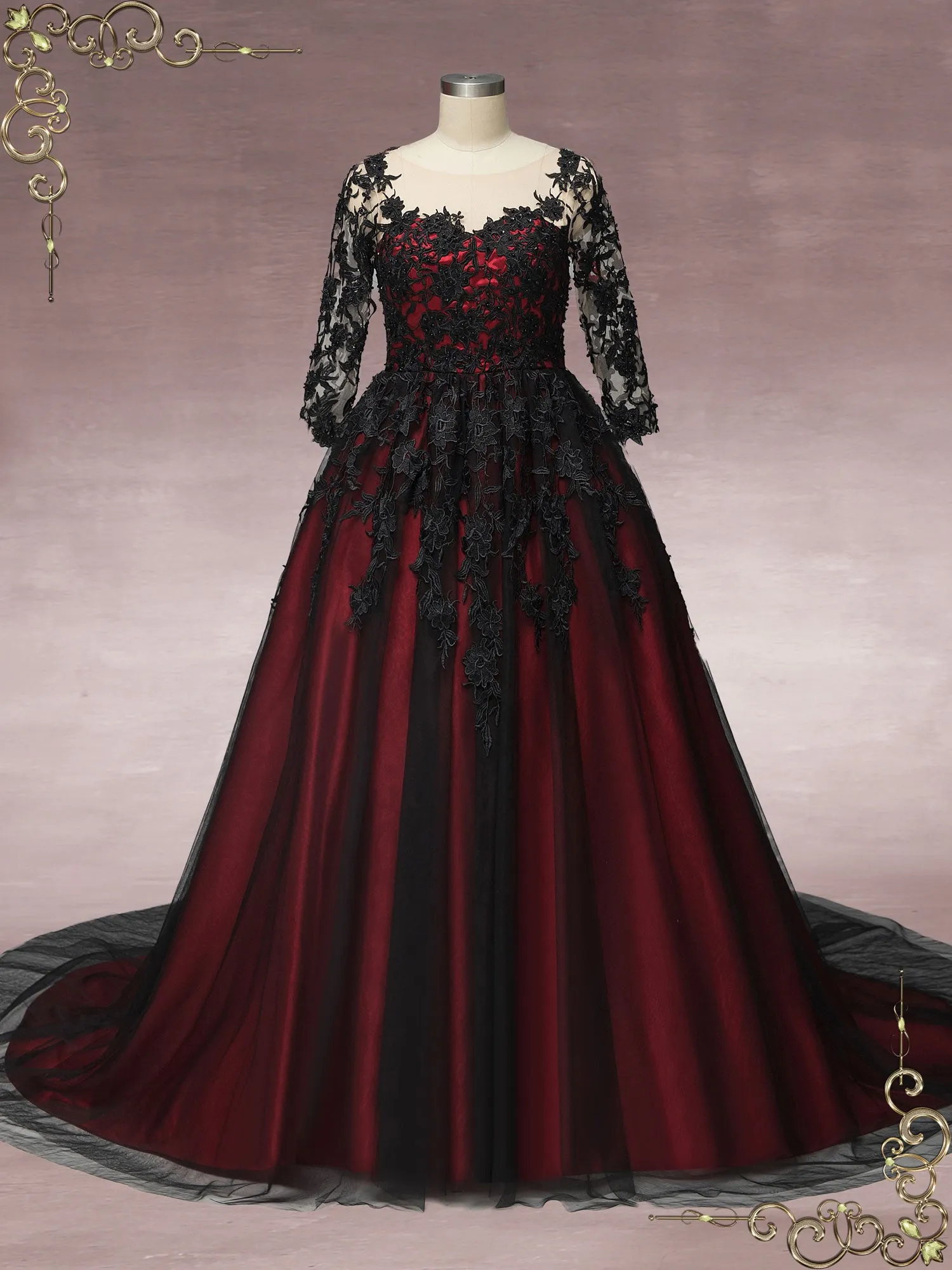 Gothic Black Lace Wedding Dress with Red Lining BLAIR