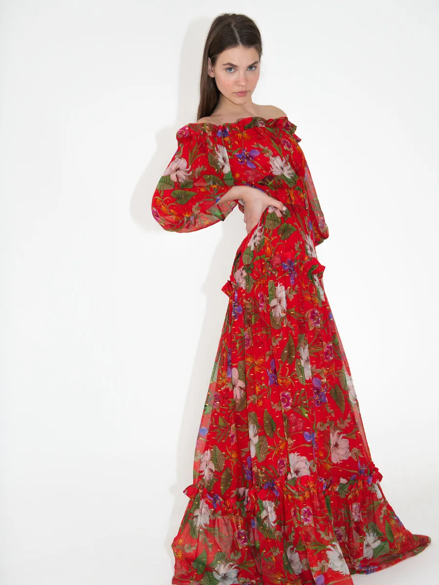 Gwendolyn Georgette Off-the-Shoulder Maxi Dress - Safari Red