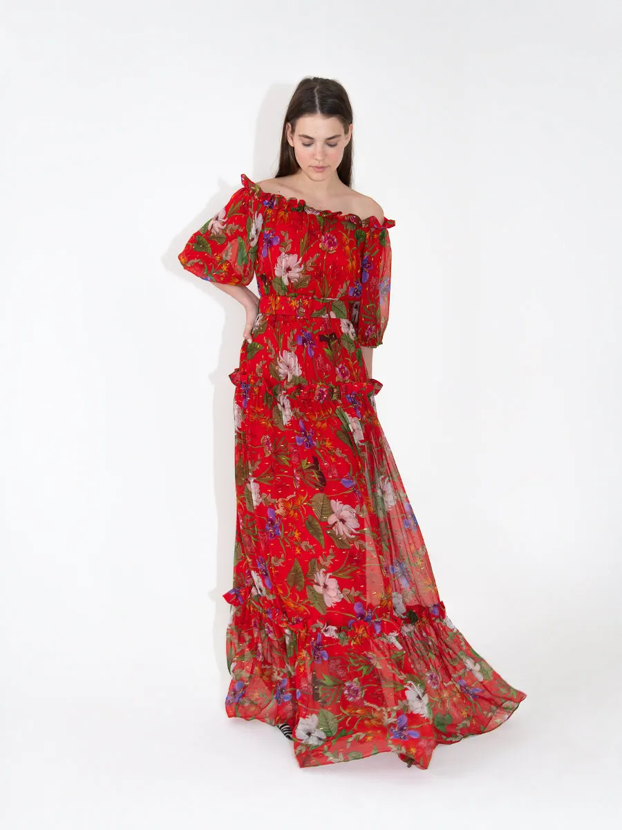 Gwendolyn Georgette Off-the-Shoulder Maxi Dress - Safari Red